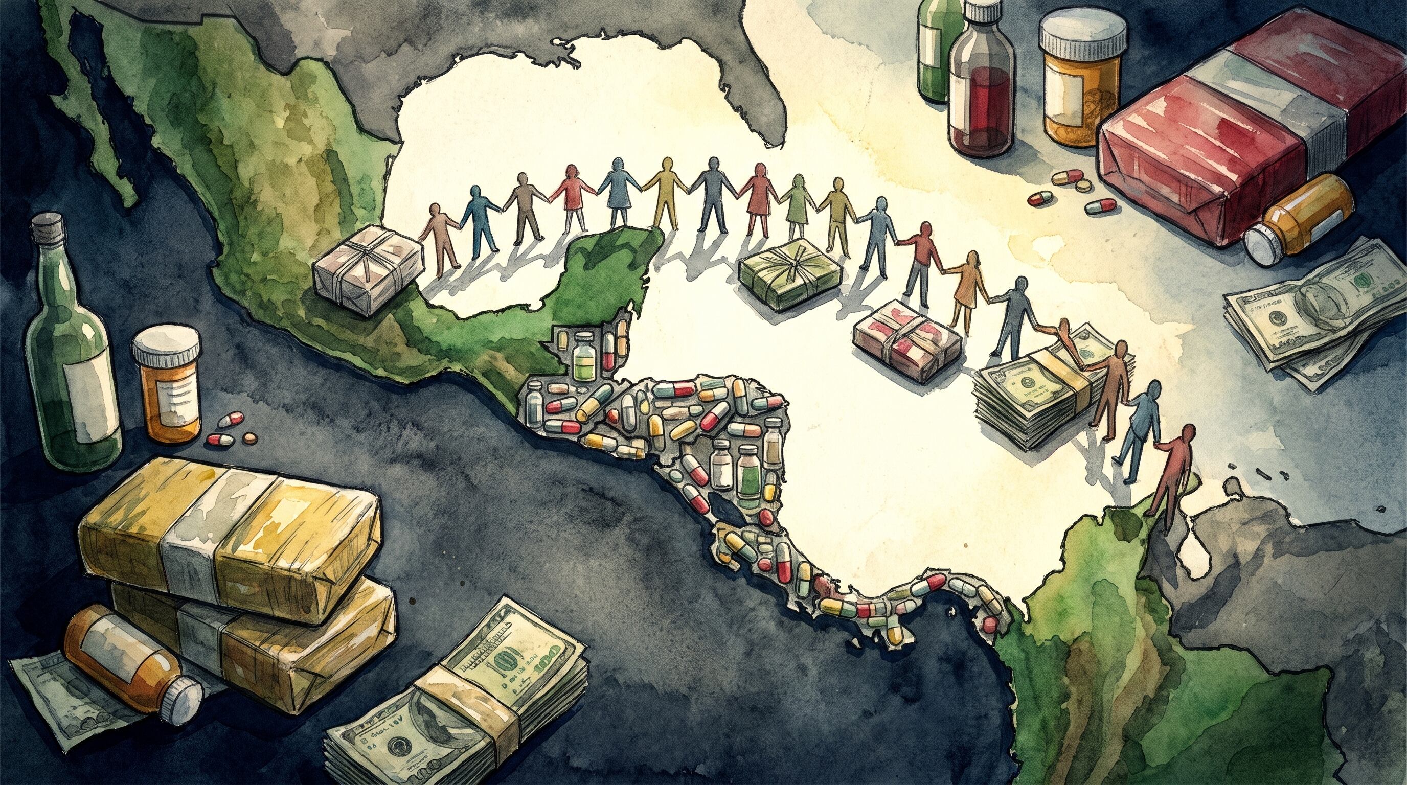 Una ilustración conceptual representa el tráfico de drogas en Centroamérica, utilizando su silueta como ruta formada por fármacos y una cadena humana que mueve paquetes y billetes entre continentes. (Imagen Ilustrativa Infobae)