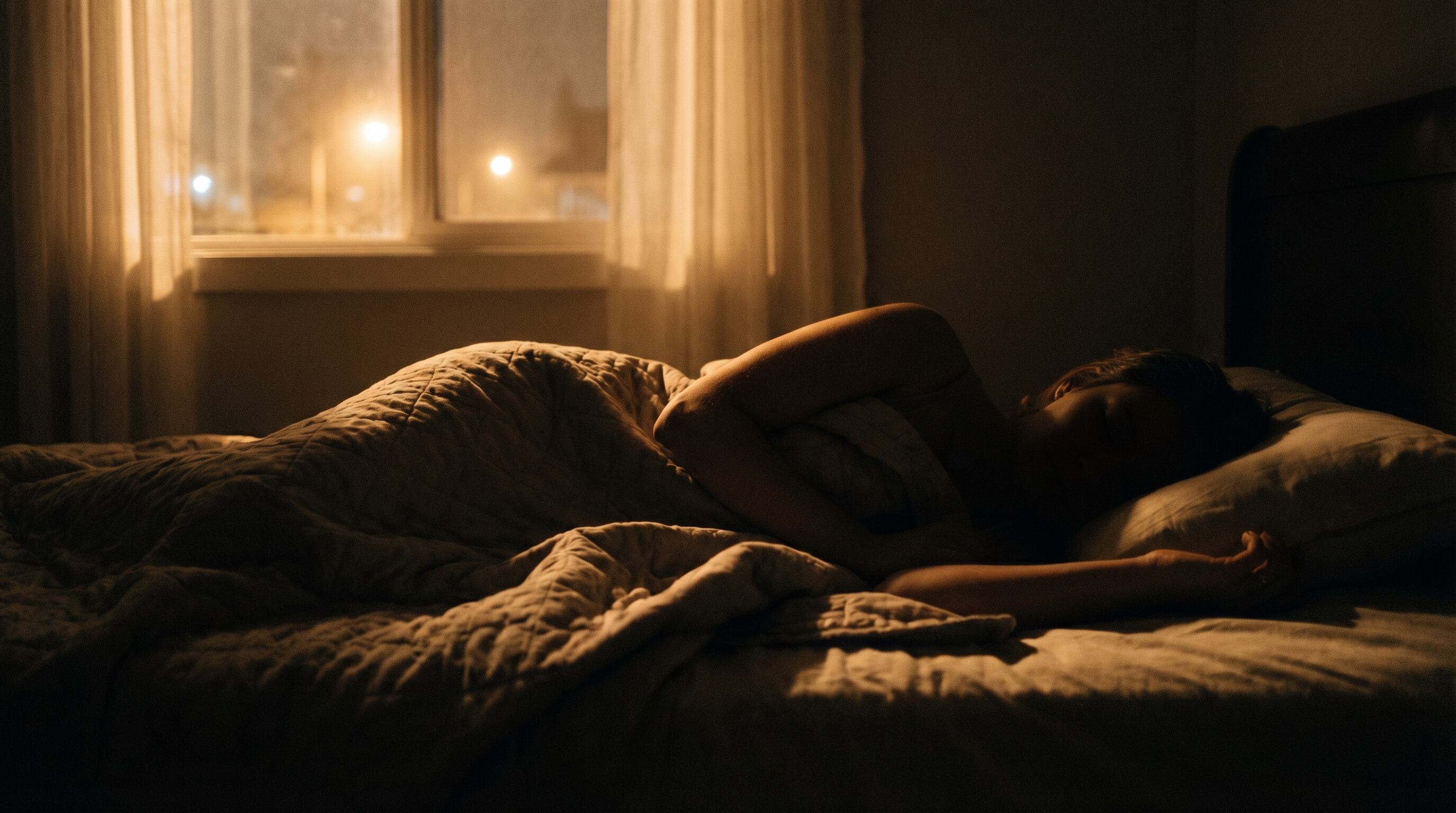 Una persona descansa en su cama mientras la tenue luz de los faroles públicos se filtra por la ventana, iluminando sutilmente la habitación durante la noche (Imagen Ilustrativa Infobae)