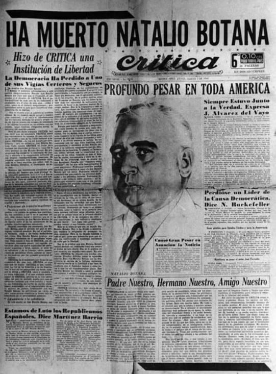 La edición de Crítica que anunció la muerte de Natalio Botana, tras una tragedia vial en 1941.