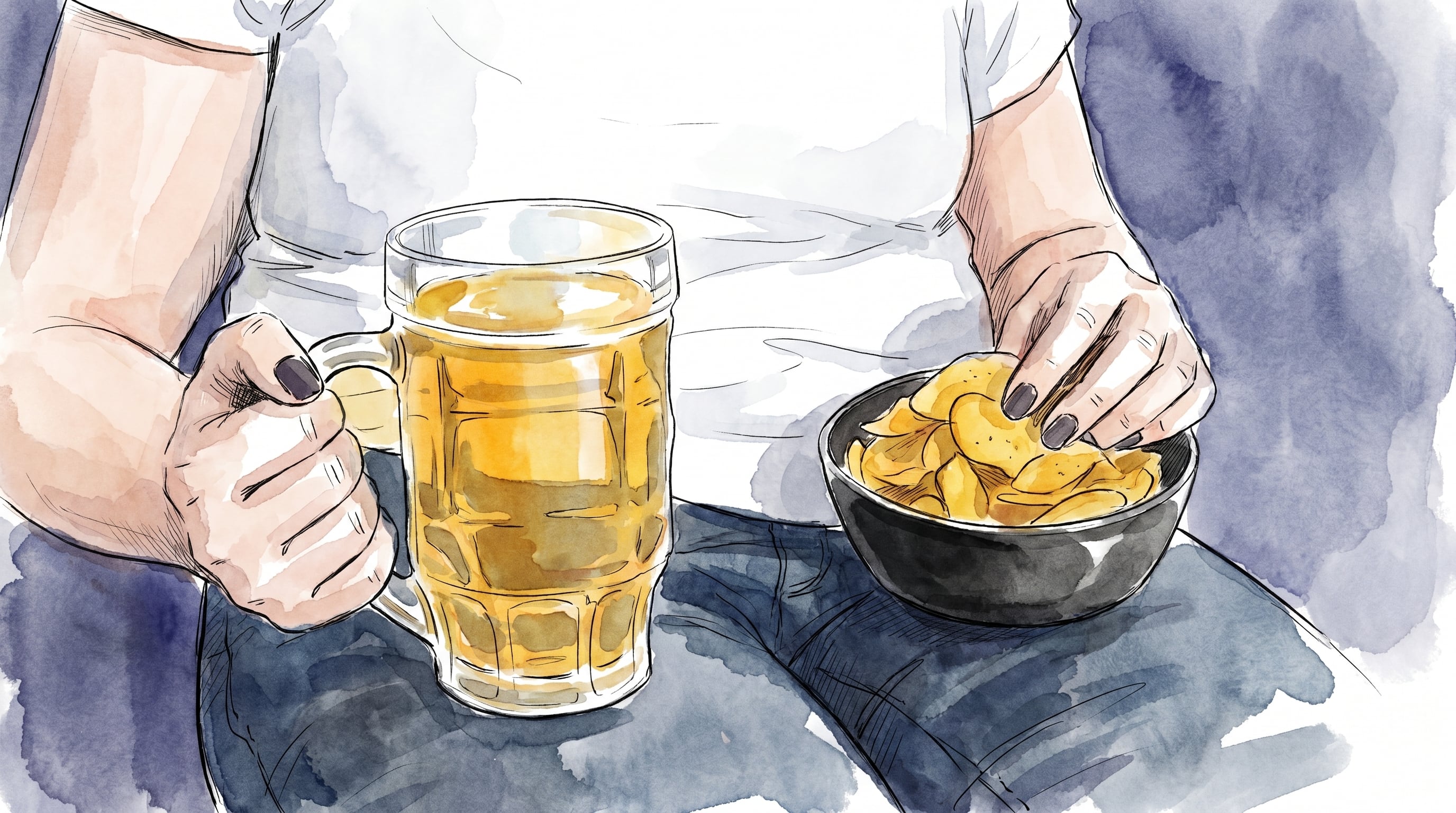 Una persona de complexión normal sostiene en una mano una jarra de cerveza y en la otra un bol de patatas fritas, ilustrando hábitos de consumo contemporáneos. (Imagen Ilustrativa Infobae)