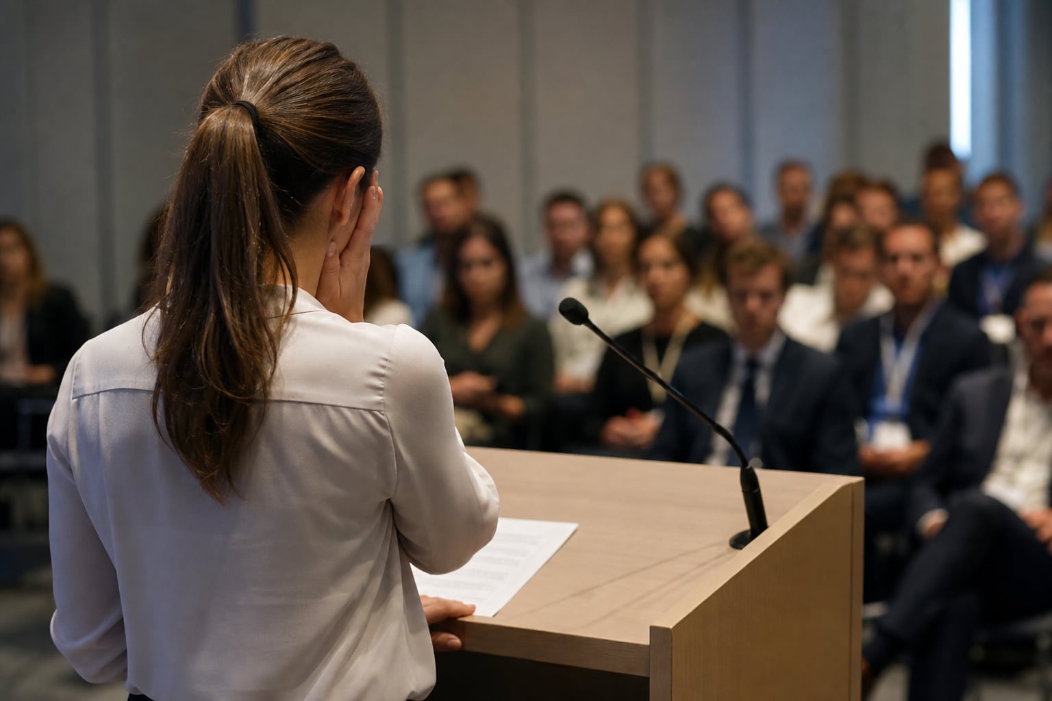 Una mujer ubicada frente a un atril y un auditorio experimenta tensión y pánico escénico antes de hablar en público. (Imagen Ilustrativa Infobae)