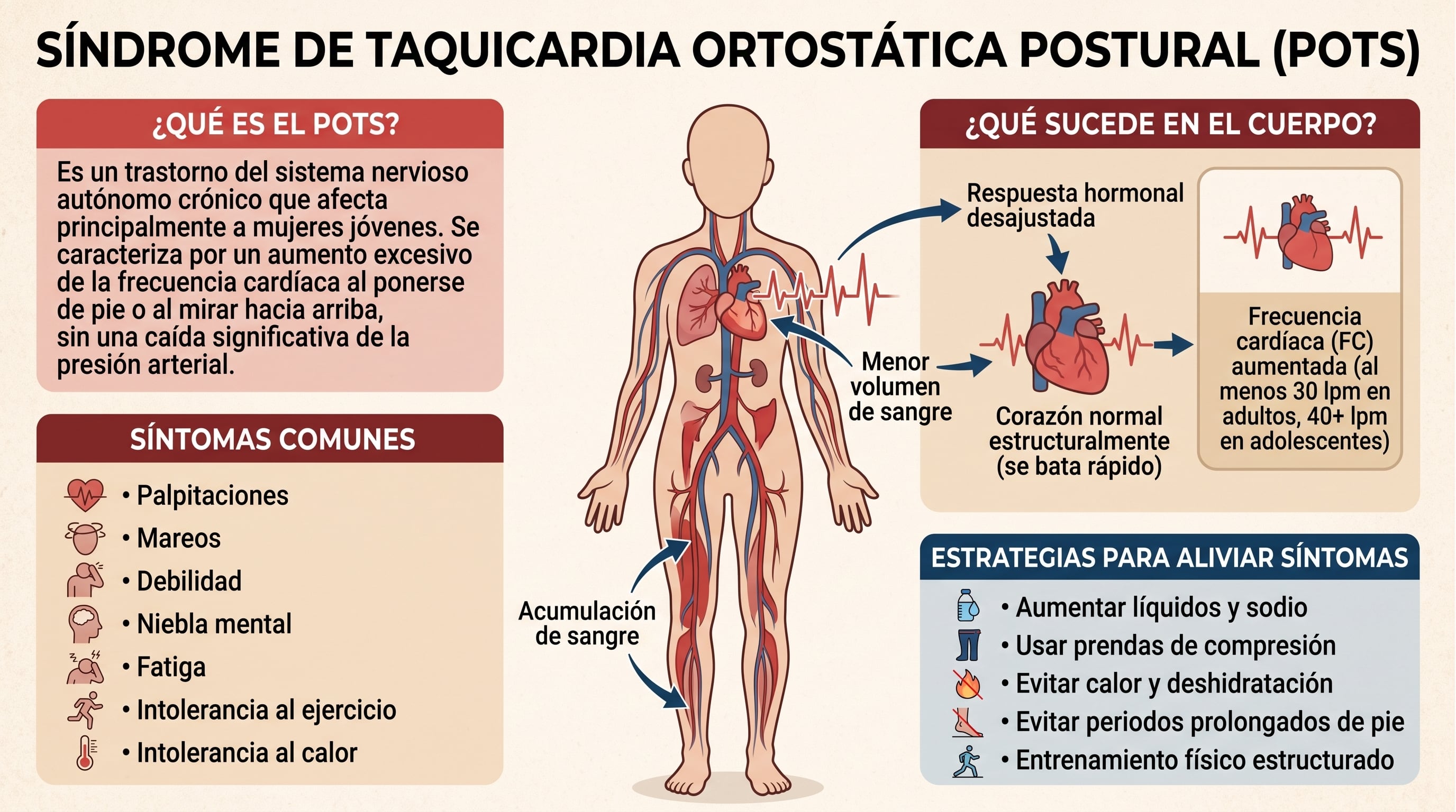 Una infografía detalla los síntomas, mecanismos y tratamientos del síndrome de taquicardia ortostática postural según el Journal of the American Medical Association. (Imagen Ilustrativa Infobae)