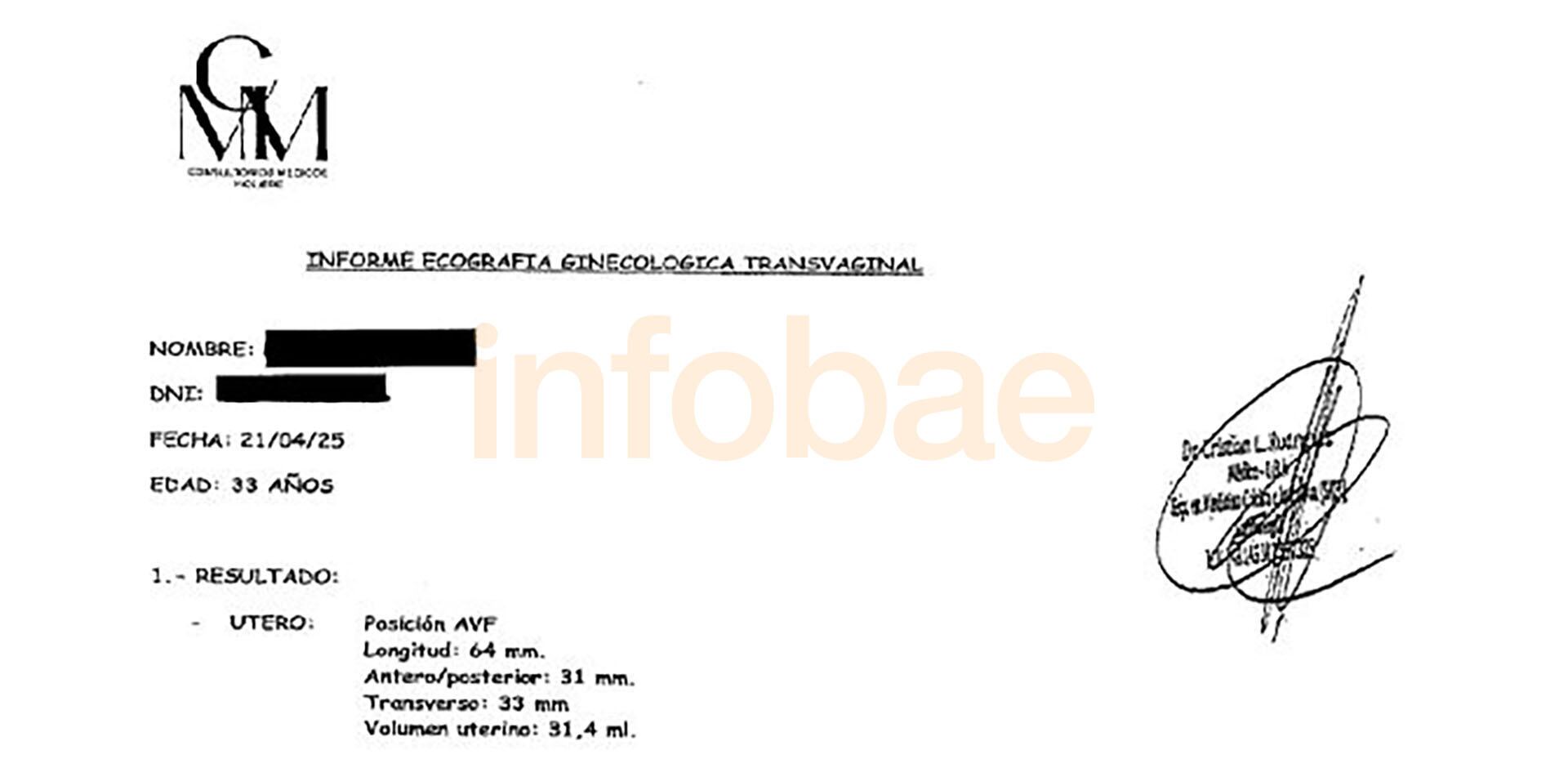 El informe de una de las ecografías que Rodríguez le practicó a B.