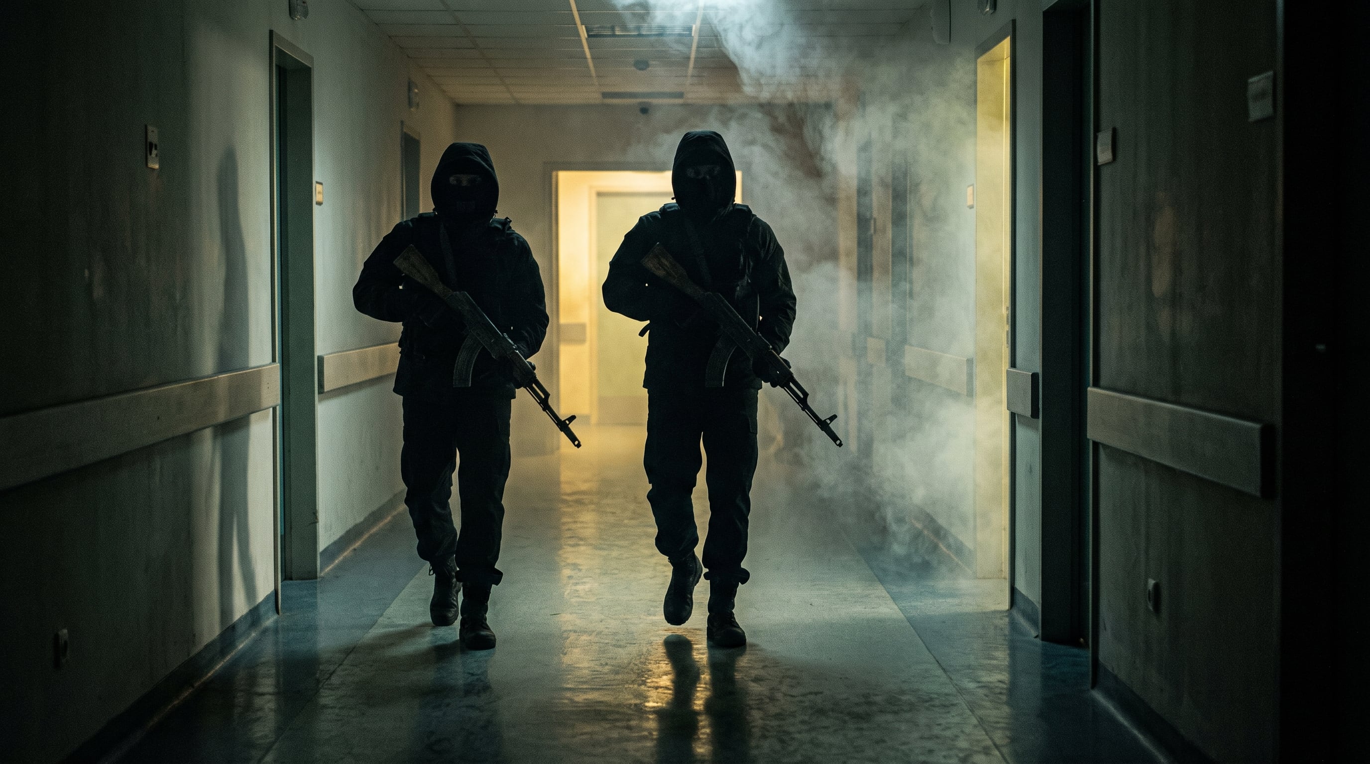 Dos figuras encapuchadas con fusiles de asalto avanzan por un pasillo de hospital tenuemente iluminado, entre humo y sombras alargadas. (Imagen Ilustrativa Infobae)
