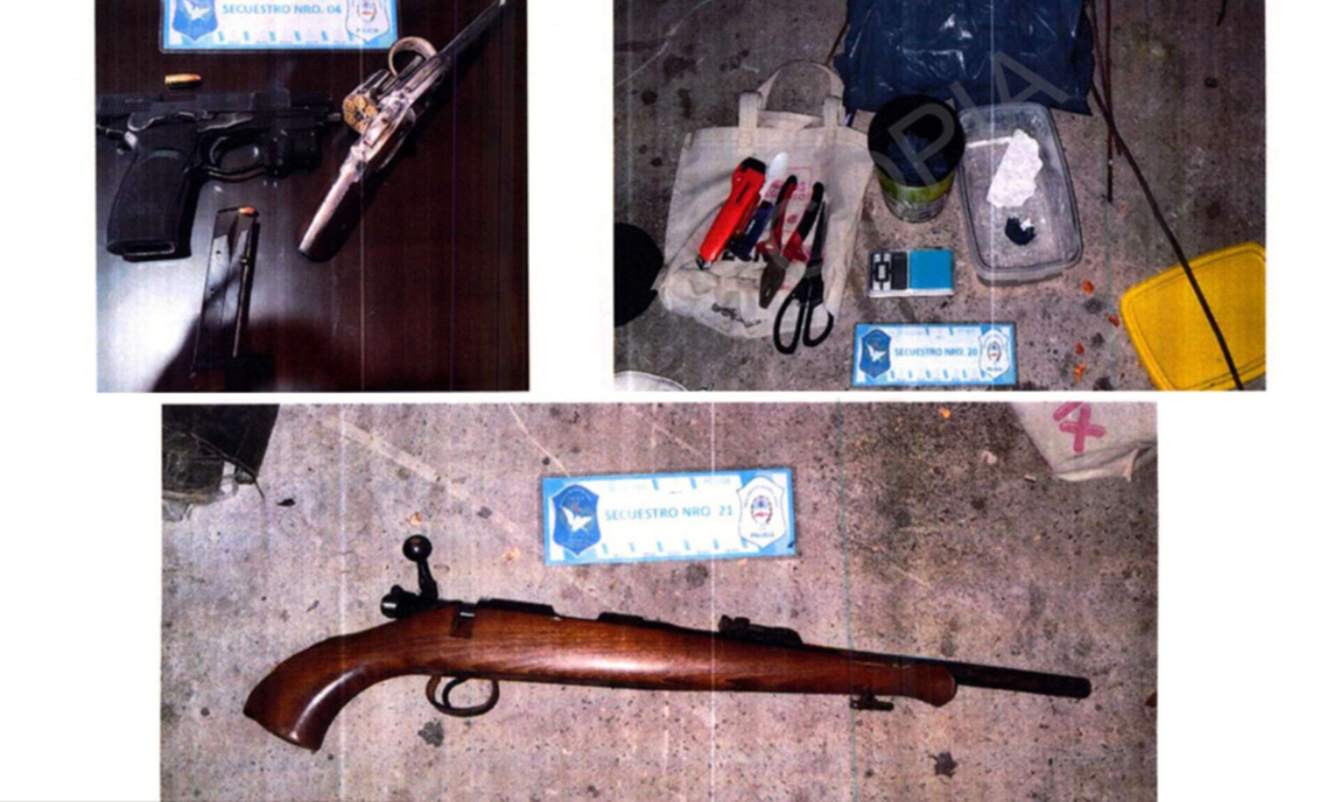 Elementos secuestrados por la policía en Rosario a un hombre condenado por tráfico de drogas y lavado, incluyendo armas de fuego, municiones, herramientas y sustancias compatibles con estupefacientes (Fiscales.gob.ar)