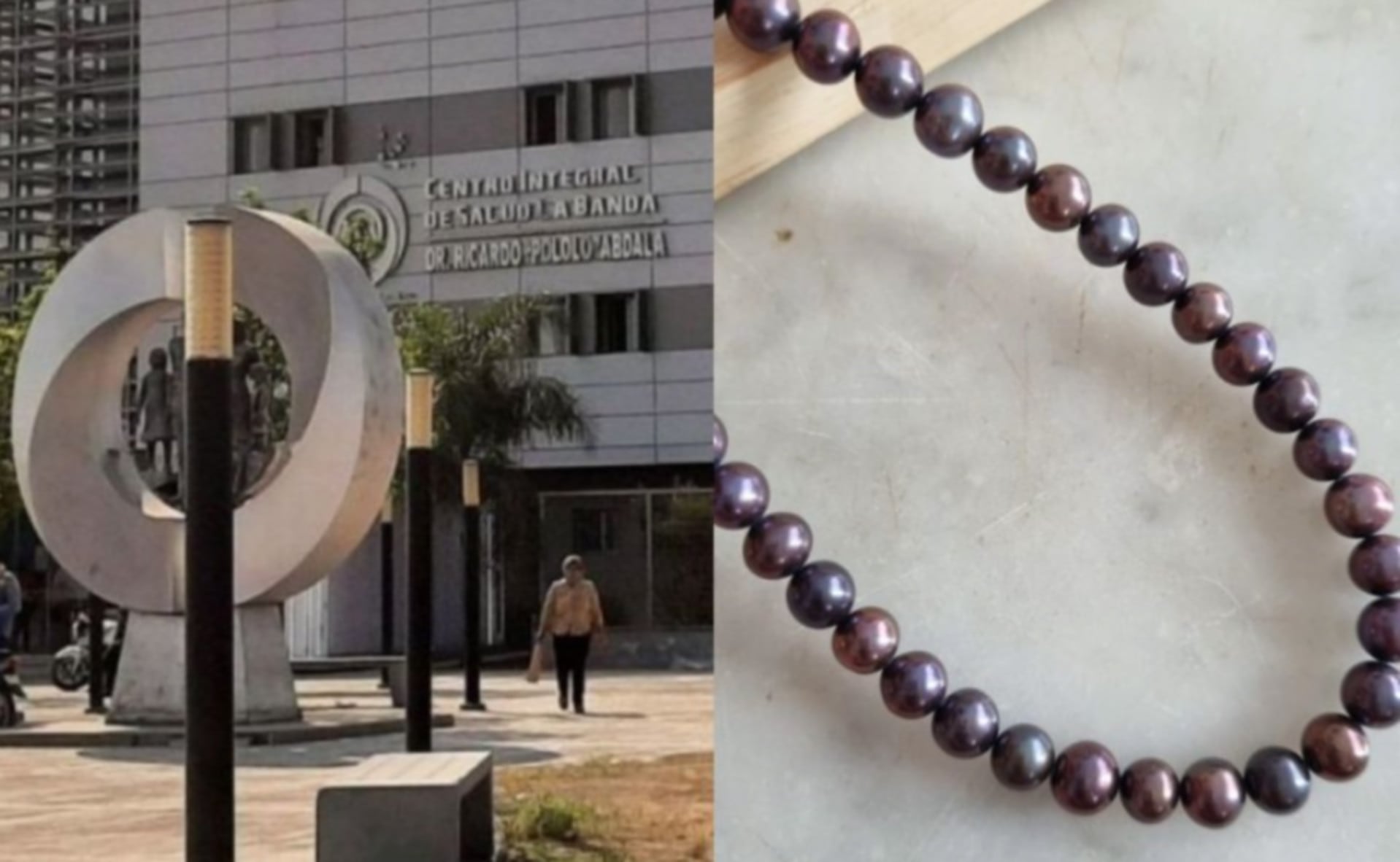 El Centro Integral de Salud La Banda y un collar de perlas de plástico ilustran el caso del niño de tres años que murió ahogado en Santiago del Estero. (Nuevo Diario)