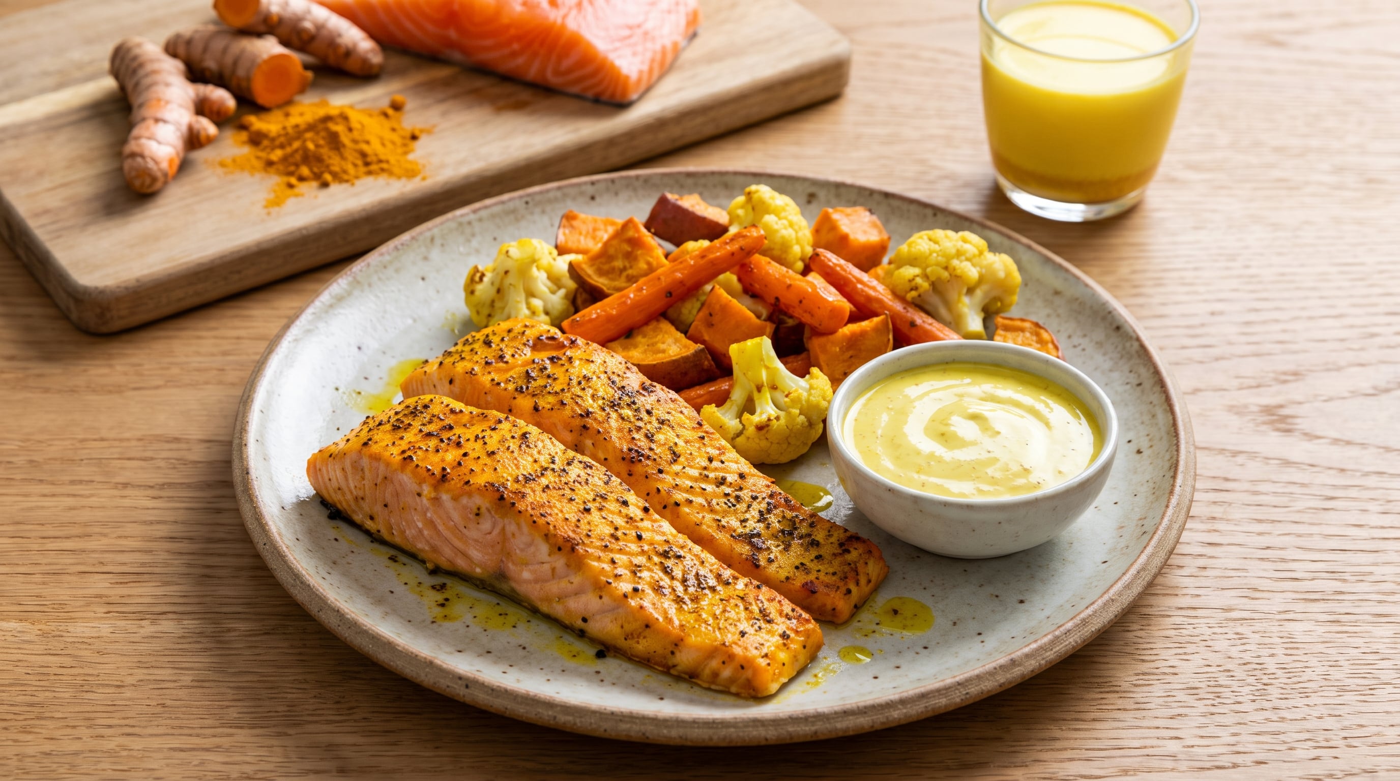 Un plato principal presenta salmón sazonado con cúrcuma y vegetales asados, junto a una salsa, que ilustra una combinación nutricional beneficiosa. (Imagen Ilustrativa Infobae)