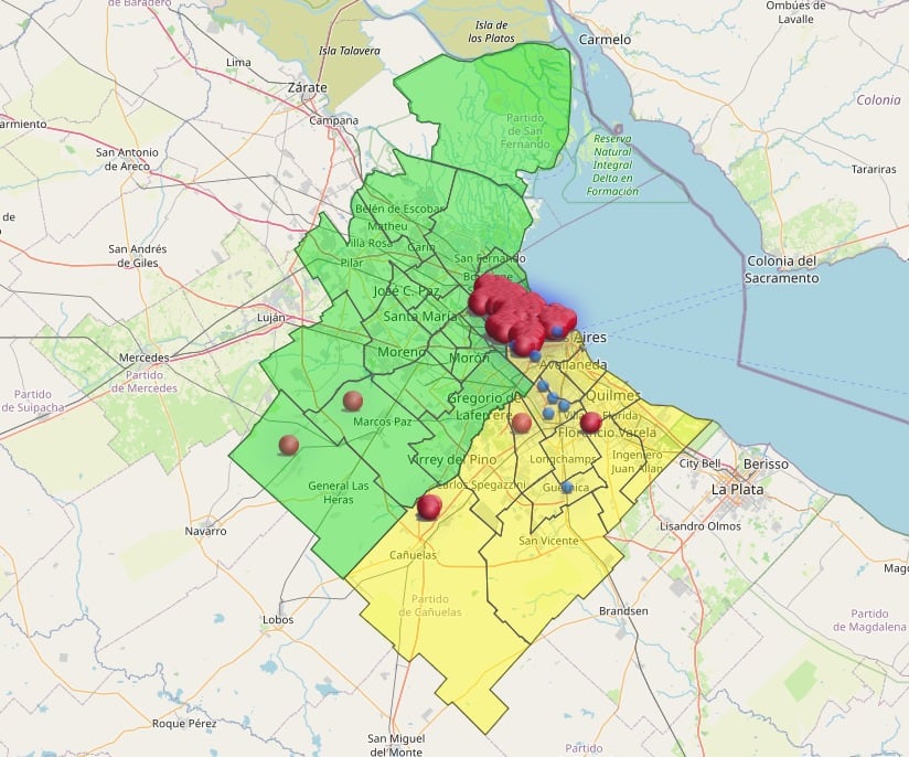 Mapa de cortes minutos antes de las 22