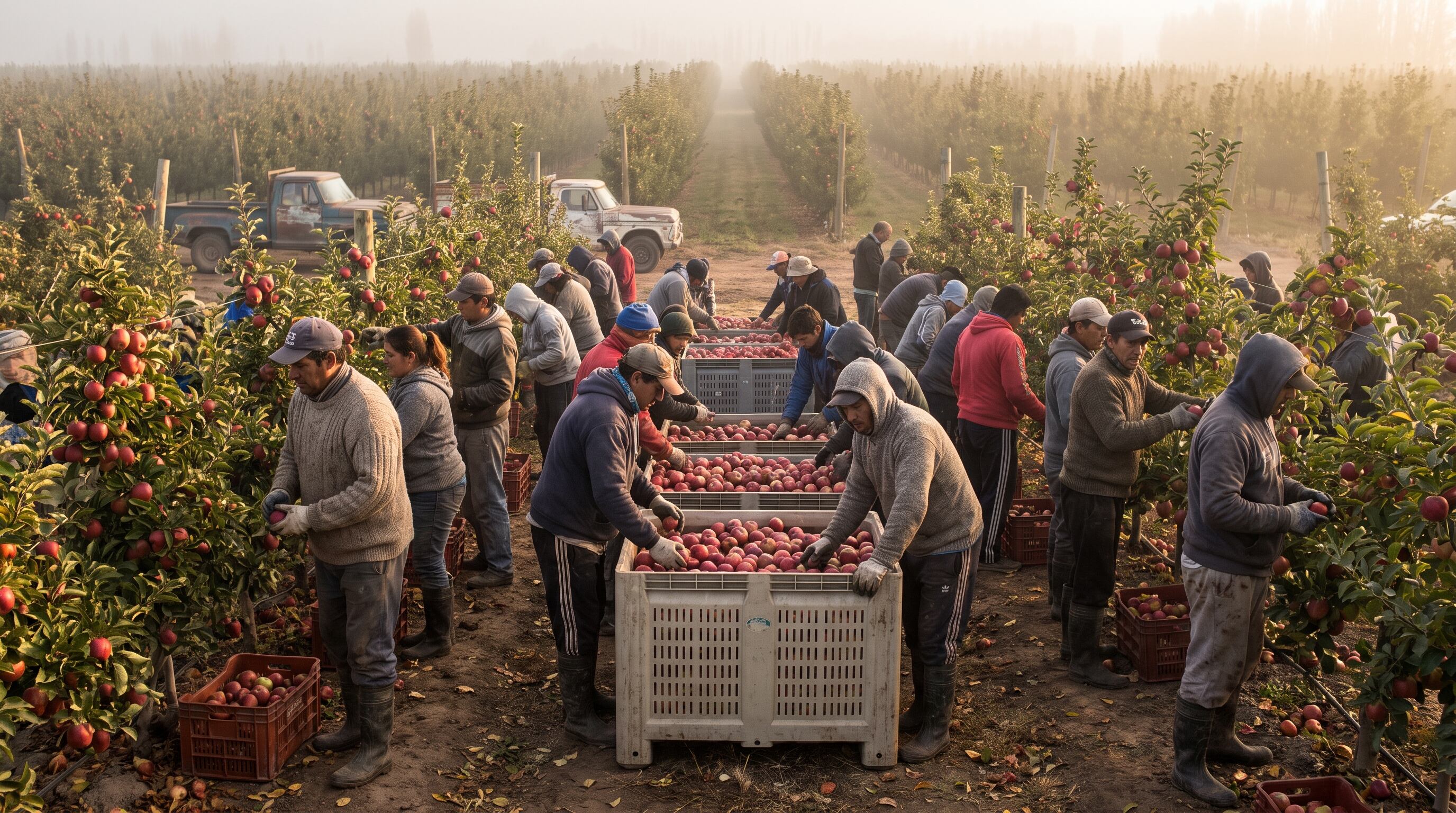 Trabajadores rurales recolectan manzanas rojas y las acomodan en contenedores plásticos en una plantación del Alto Valle de Río Negro durante las primeras horas de la mañana (Imagen Ilustrativa Infobae)