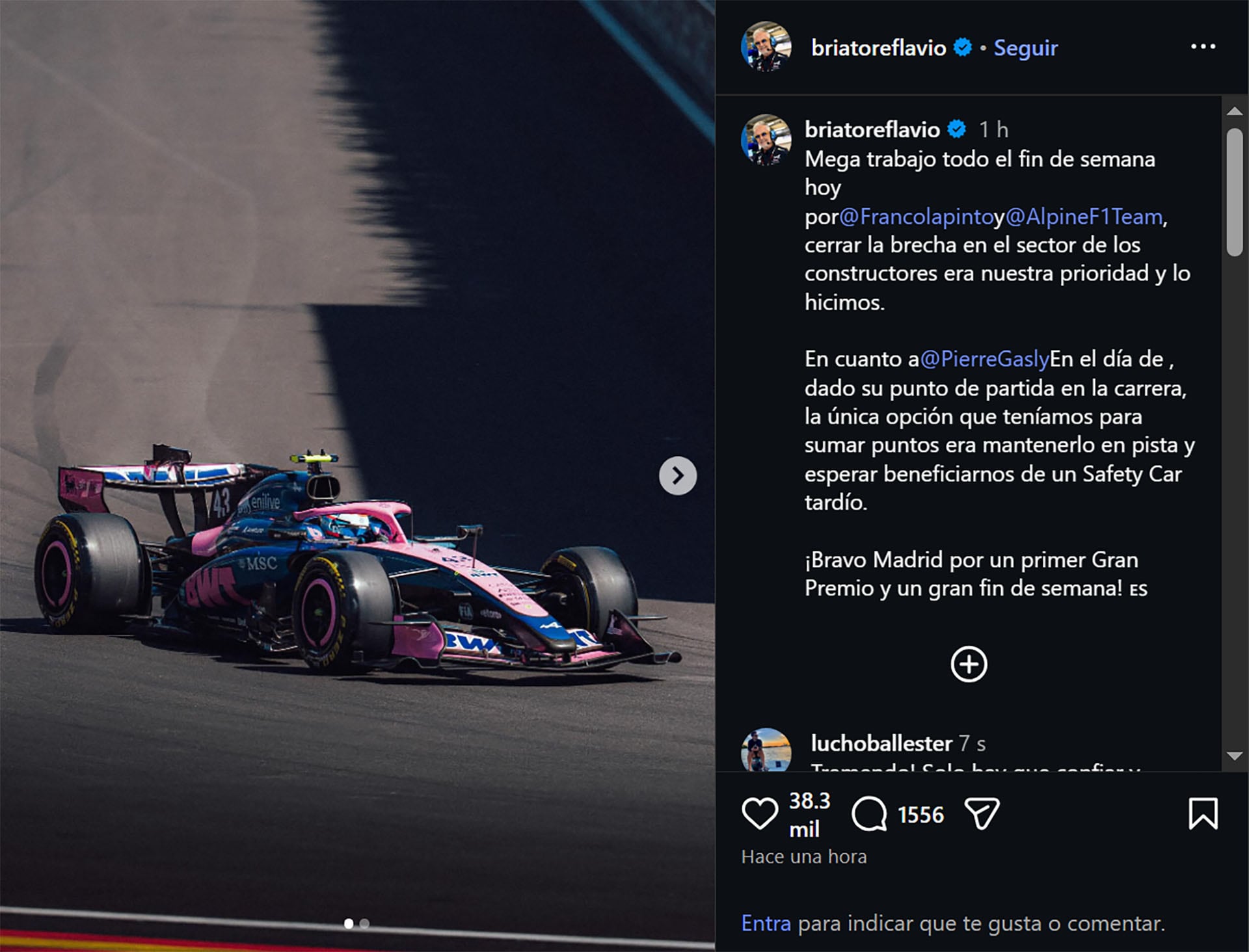 El posteo de Flavio Briatore en reconocimiento al trabajo de Franco Colapinto en Madring (@briatoreflavio)