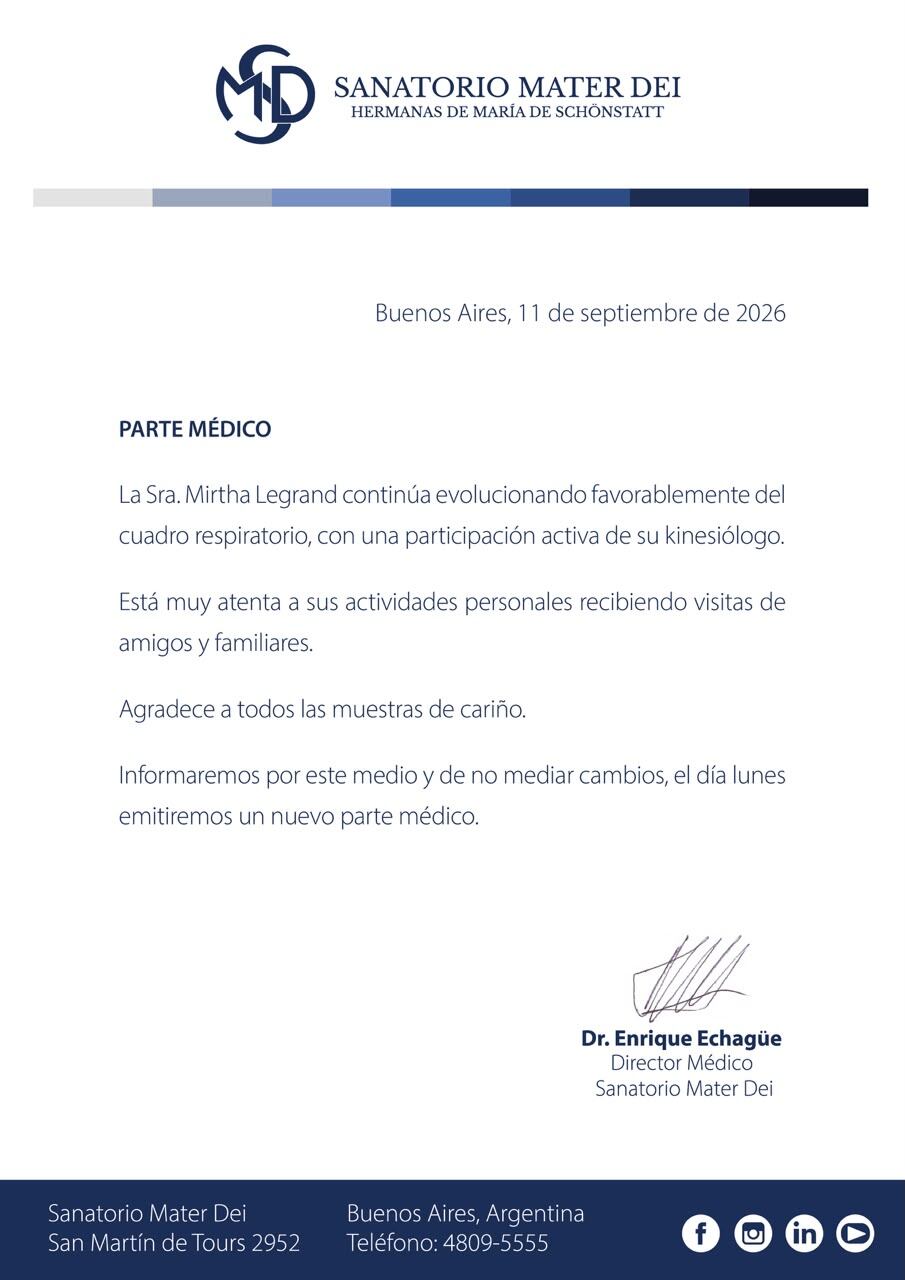 Parte médico del Sanatorio Mater Dei sobre la evolución de la salud de Mirtha Legrand