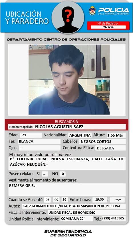 El cuerpo calcinado hallado en Neuquén era de Nicolás Sáez, el joven que estaba desaparecido: hay un detenido