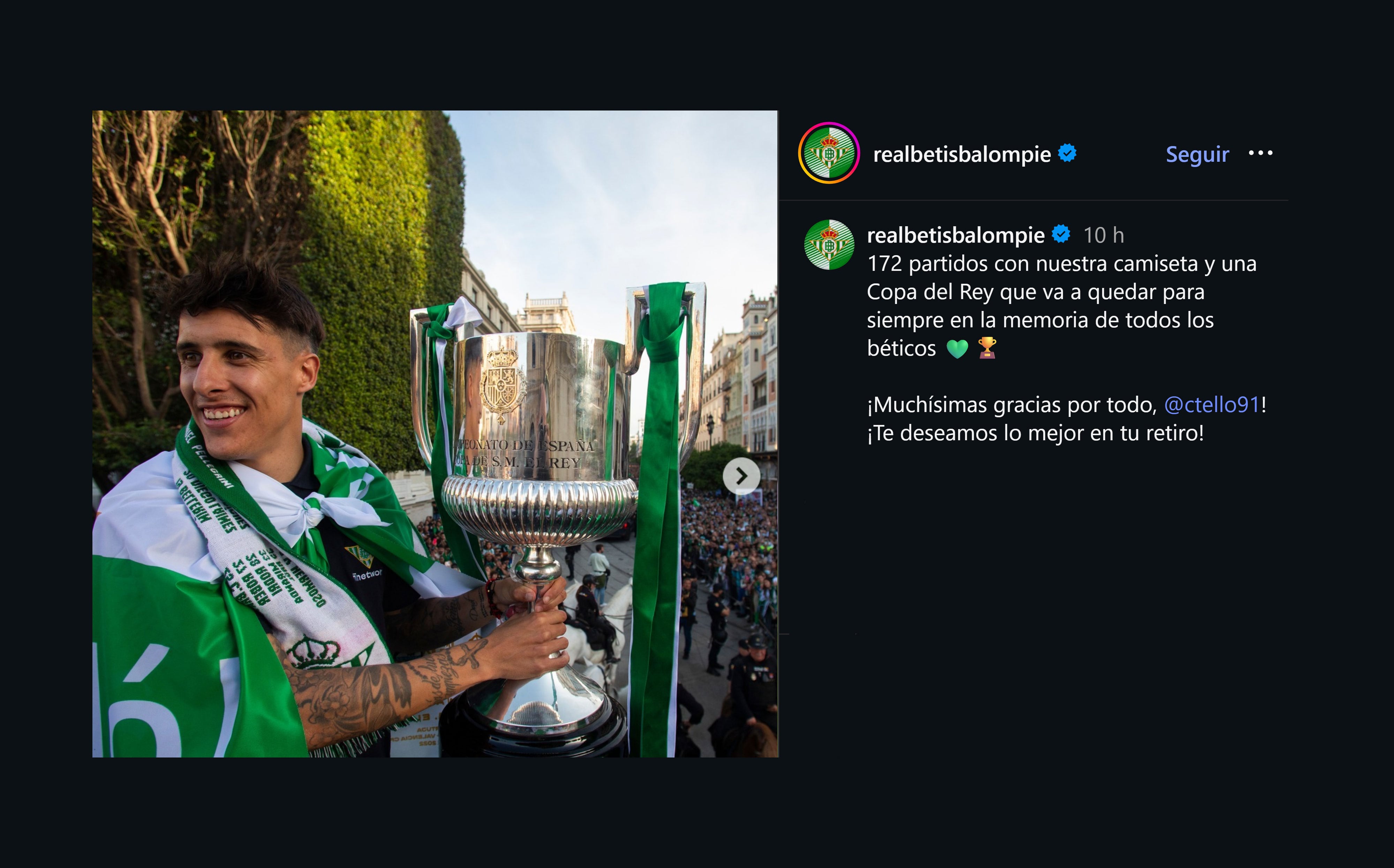 El Betis acompaño la despedida del exfutbolista español (@realbetisbalompie)