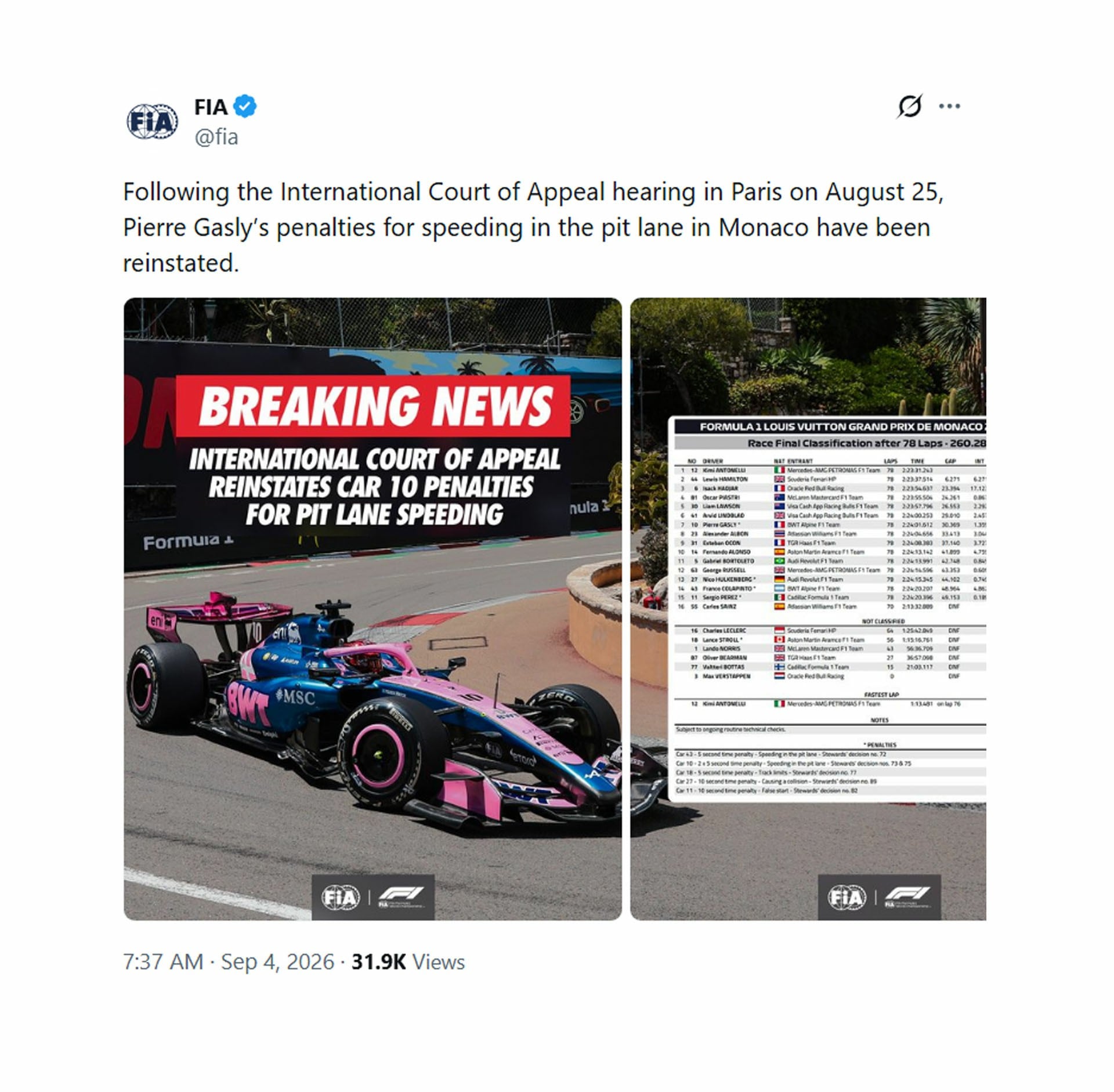 La FIA confirma que la Corte Internacional de Apelación restituyó las sanciones al piloto Pierre Gasly por exceso de velocidad en Mónaco.