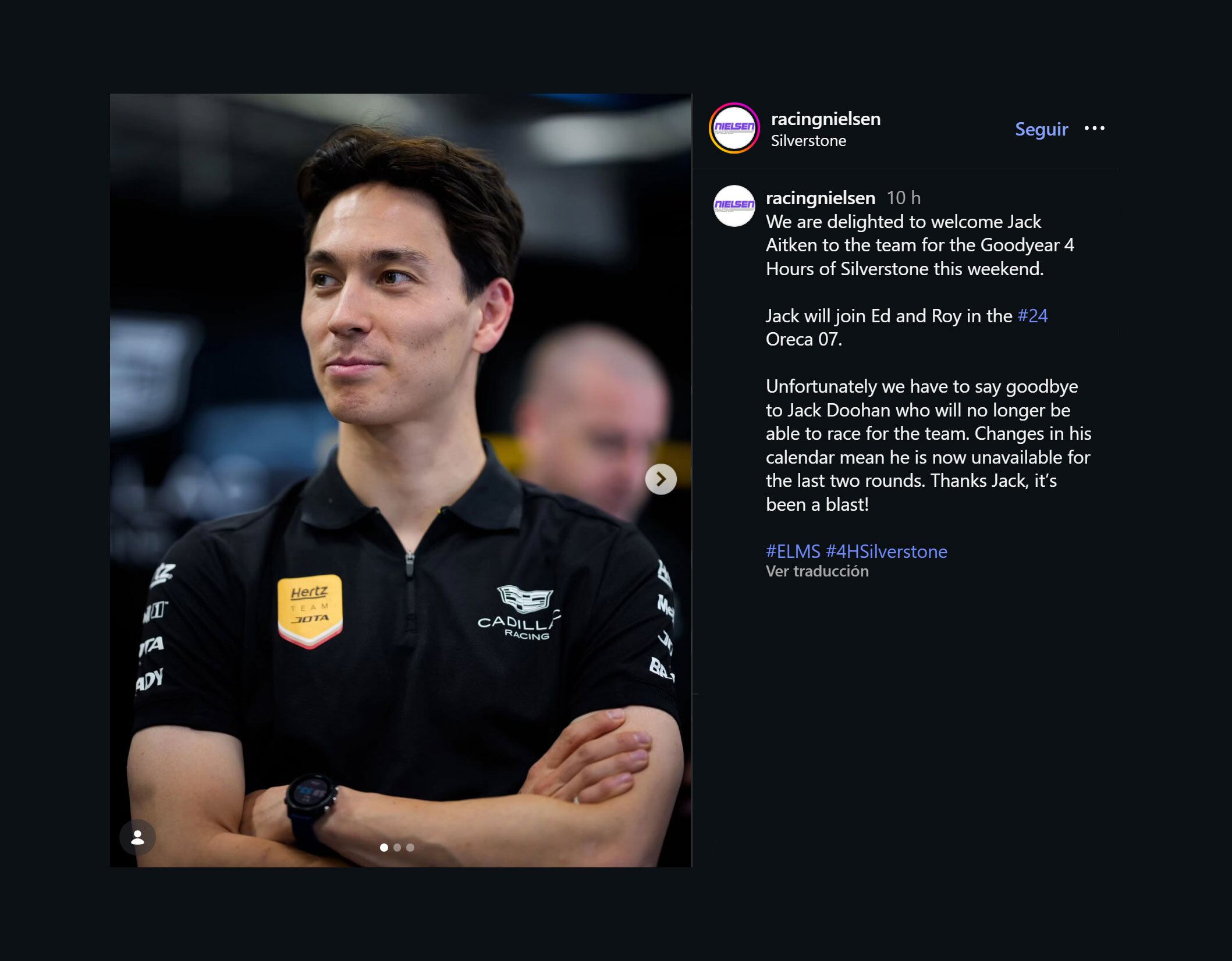 El anuncio sobre la ausencia de Jack Doohan en el equipo Nielsen Racing para las 4 Horas de Silverstone de ELMS (@racingnielsen)
