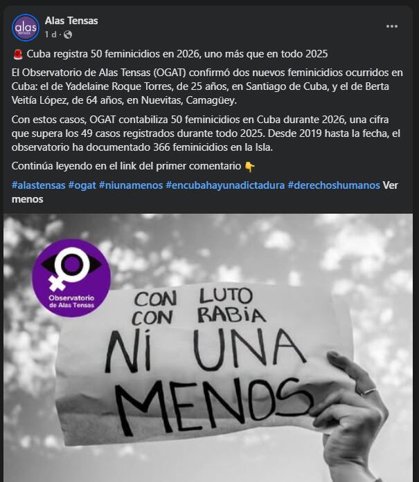 La cifra de feminicidios verificados en Cuba llega a 50 en 2026