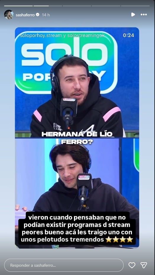 Sasha Ferro cuestiona en sus redes sociales a un programa de transmisión en directo tras ser mencionada junto a su hermano Lionel Ferro.