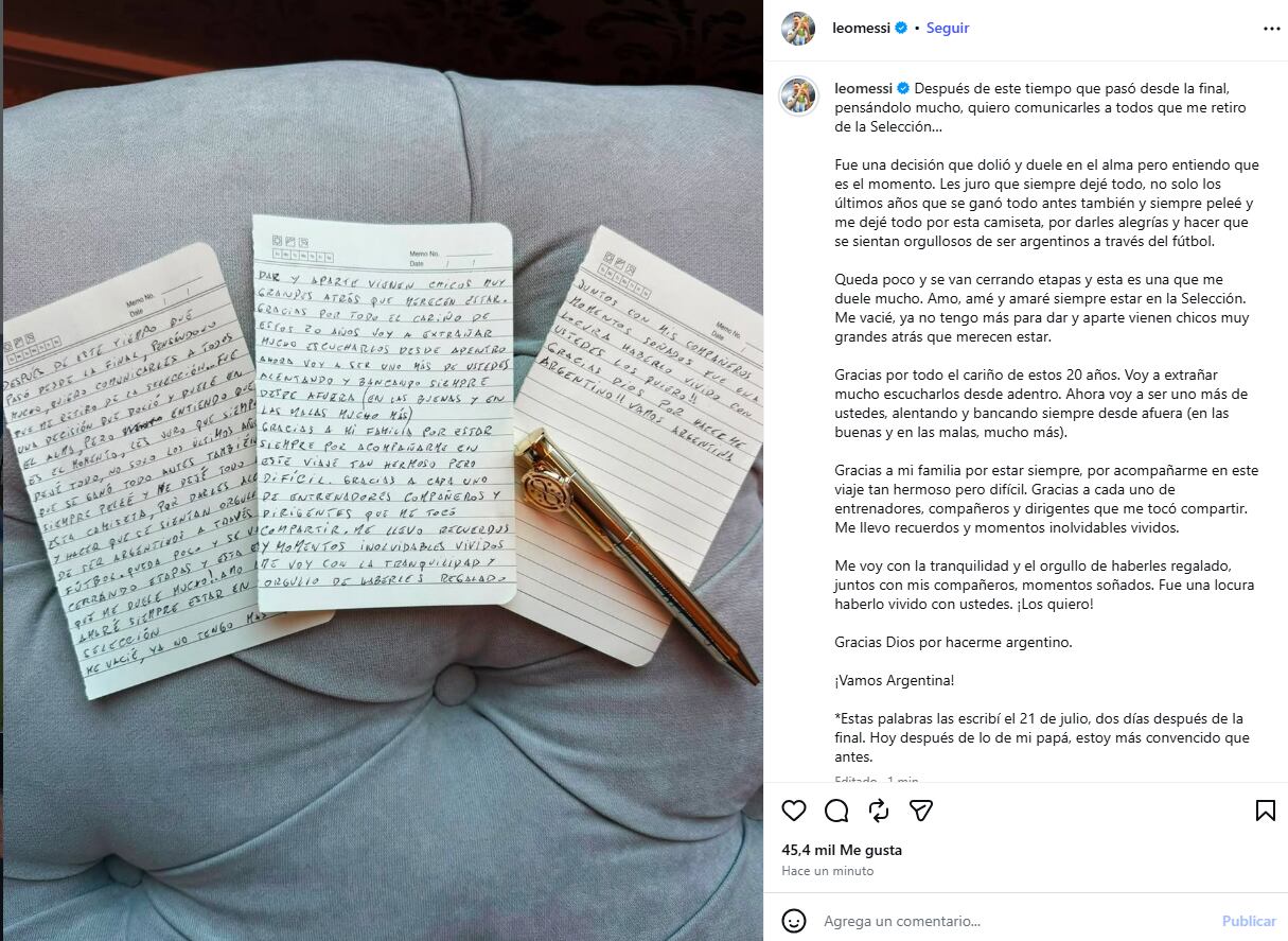 La carta que publicó Messi para anunciar su retiro de la Selección