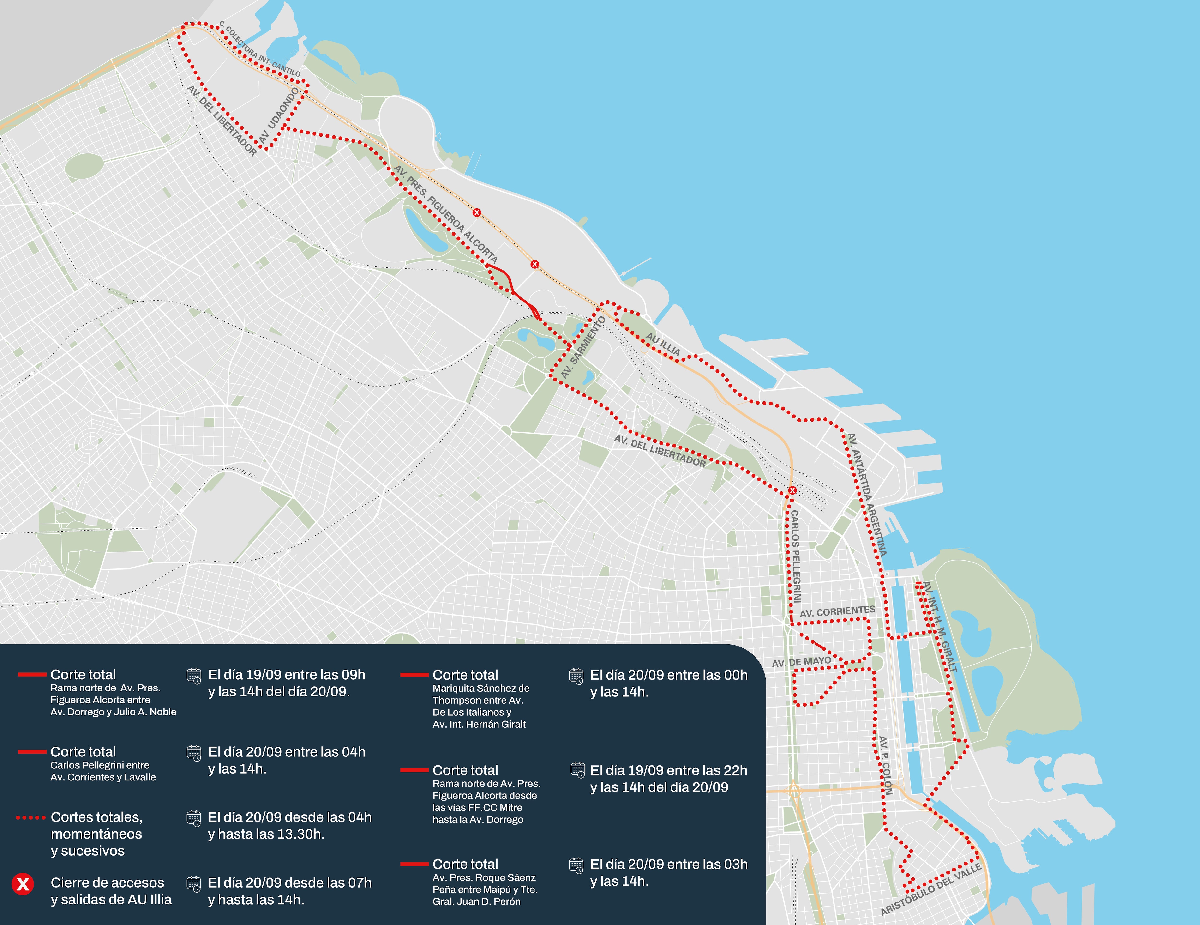 Un mapa de Buenos Aires detalla los cortes totales de tránsito y cierres de la Autopista Illia previstos para el 19 y 20 de septiembre. (Gobierno de la Ciudad)