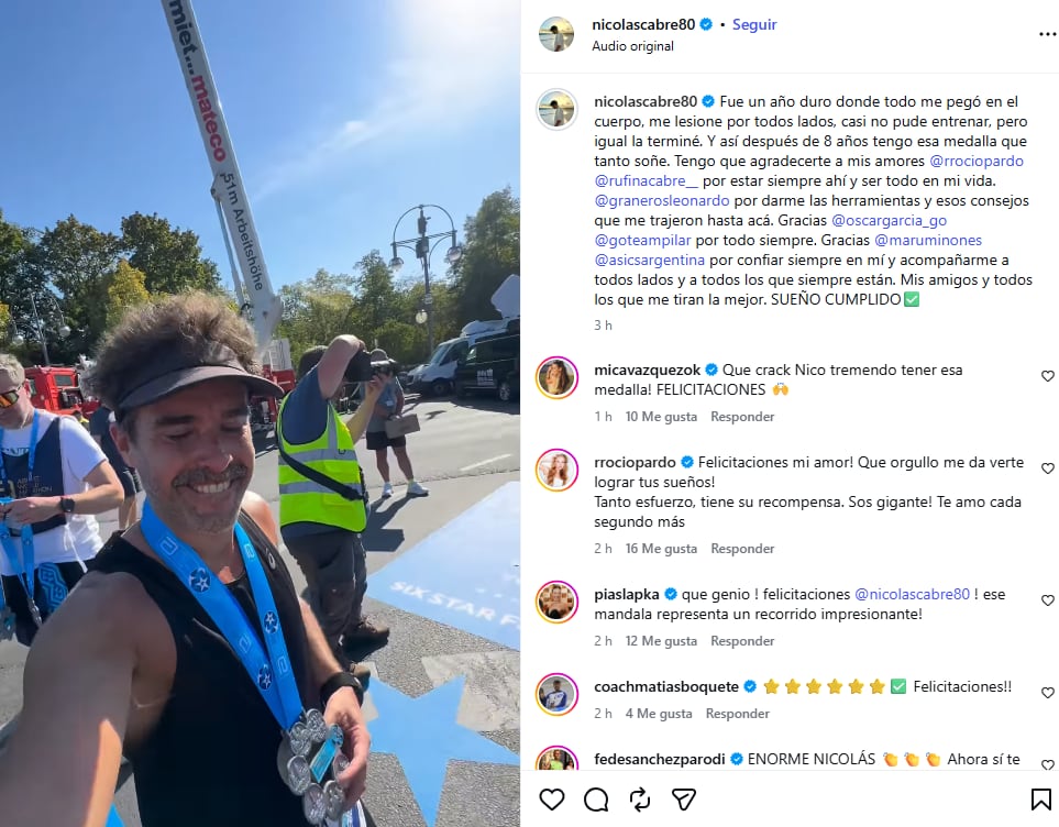 Desde Berlín, a donde el actor viajó junto a su esposa Rocío Pardo y su hija Rufina, logró completar el circuito de maratones para obtener la Six Star Finisher