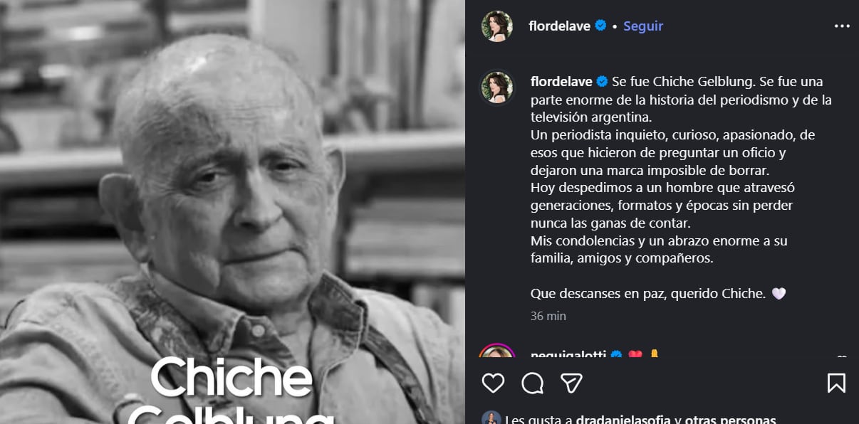 El posteo de Florencia de la V al conocerse la muerte del periodista (Instagram)