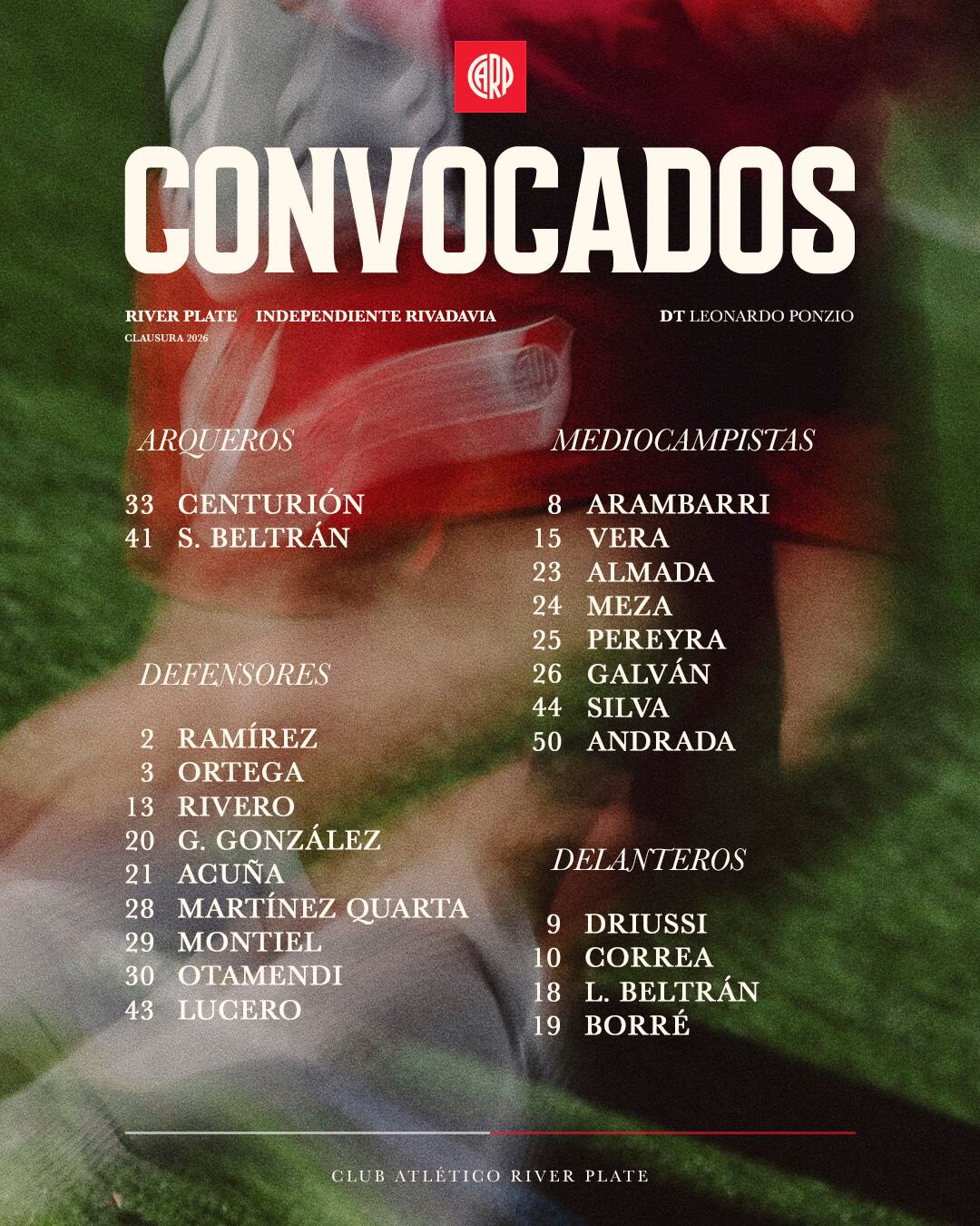 La nómina de convocados de River para recibir a la Lepra (@RiverPlate)