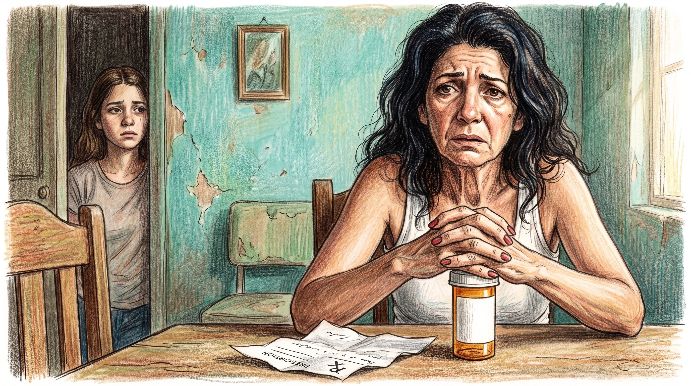 Una mujer permanece sentada ante un frasco de medicamentos y una receta médica mientras una joven la observa desde la entrada. (Imagen Ilustrativa Infobae)