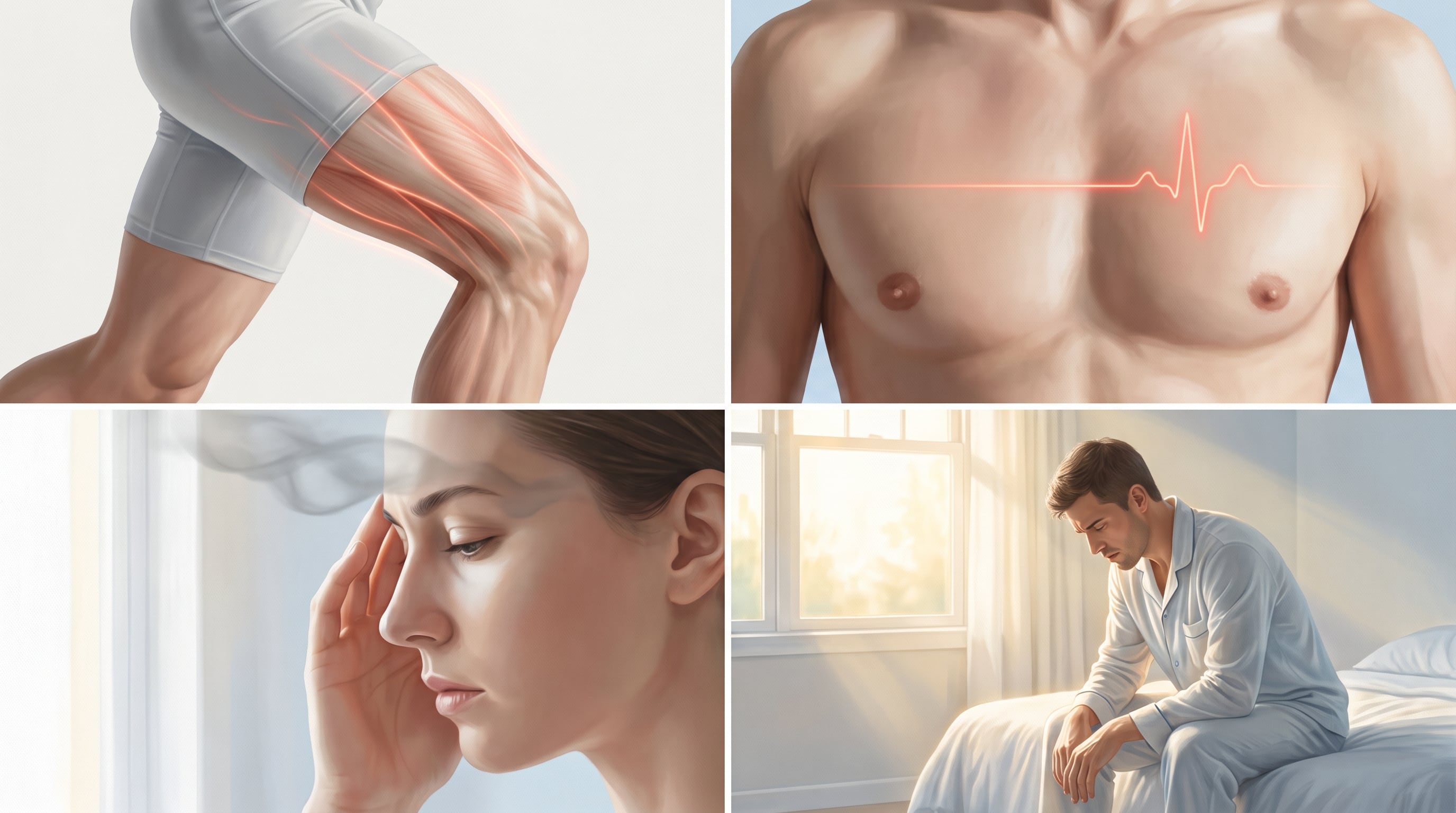 Cuatro paneles integran los síntomas del sobreentrenamiento mediante representaciones de molestia muscular, alteración del ritmo cardíaco, fatiga mental y trastornos del sueño (Imagen Ilustrativa Infobae)