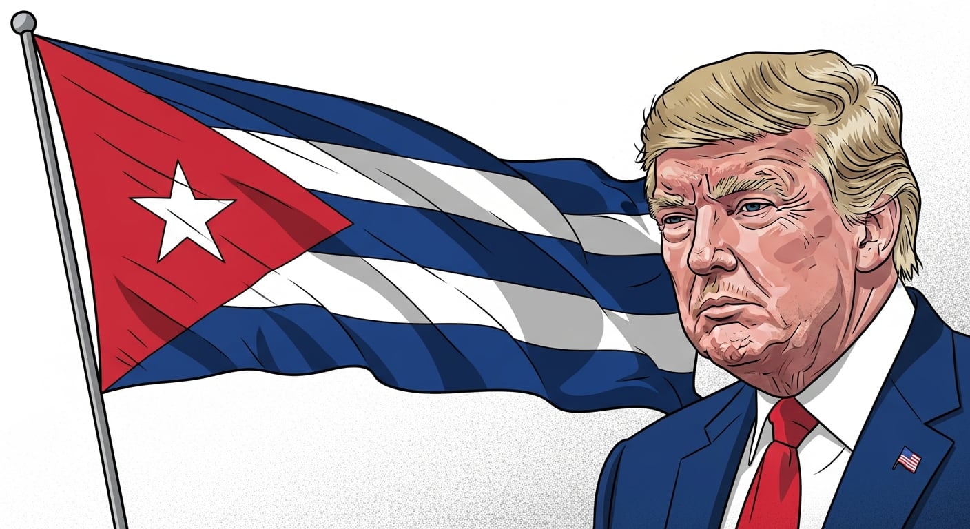 Una ilustración muestra a Donald Trump al lado de una bandera de Cuba ondeando en el fondo. (Imagen Ilustrativa Infobae)