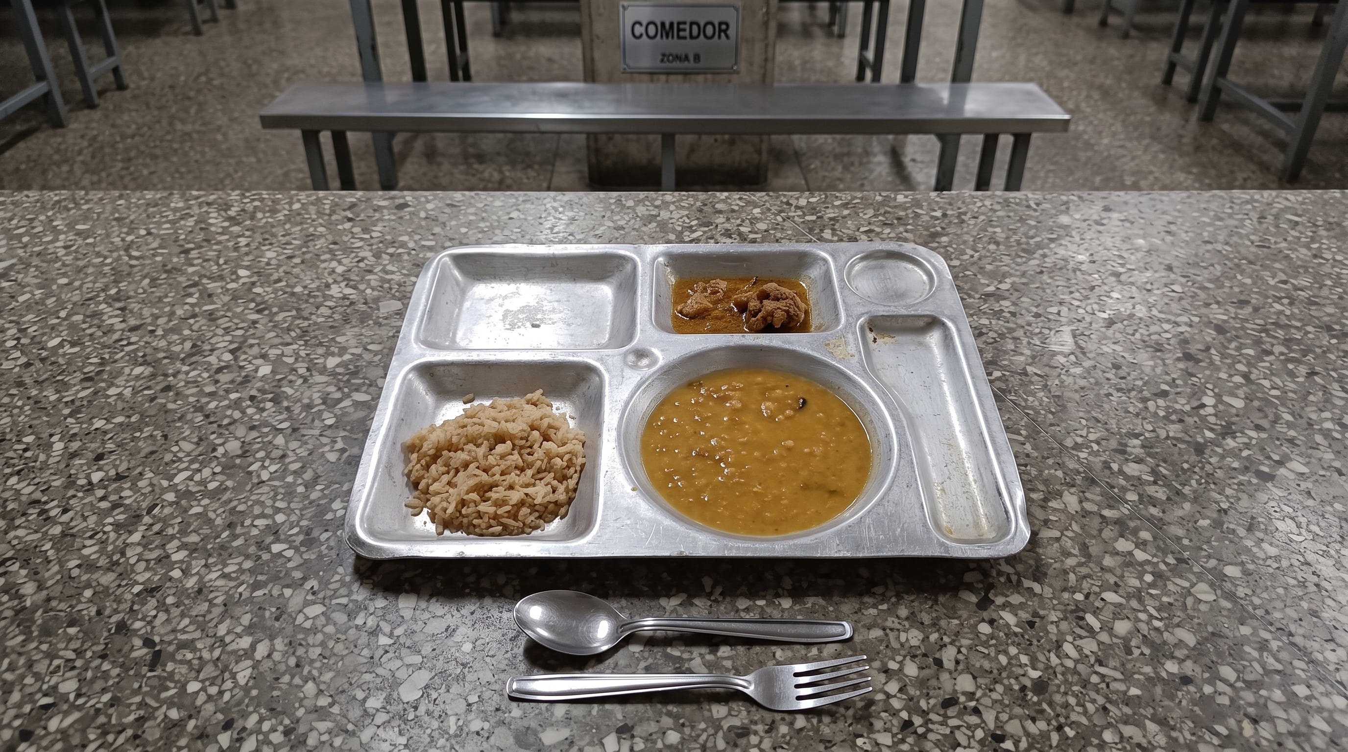 Una bandeja metálica con raciones de alimentos permanece sobre una mesa en la Zona B de un comedor. Comida del mediodía (Prisoners Defenders)