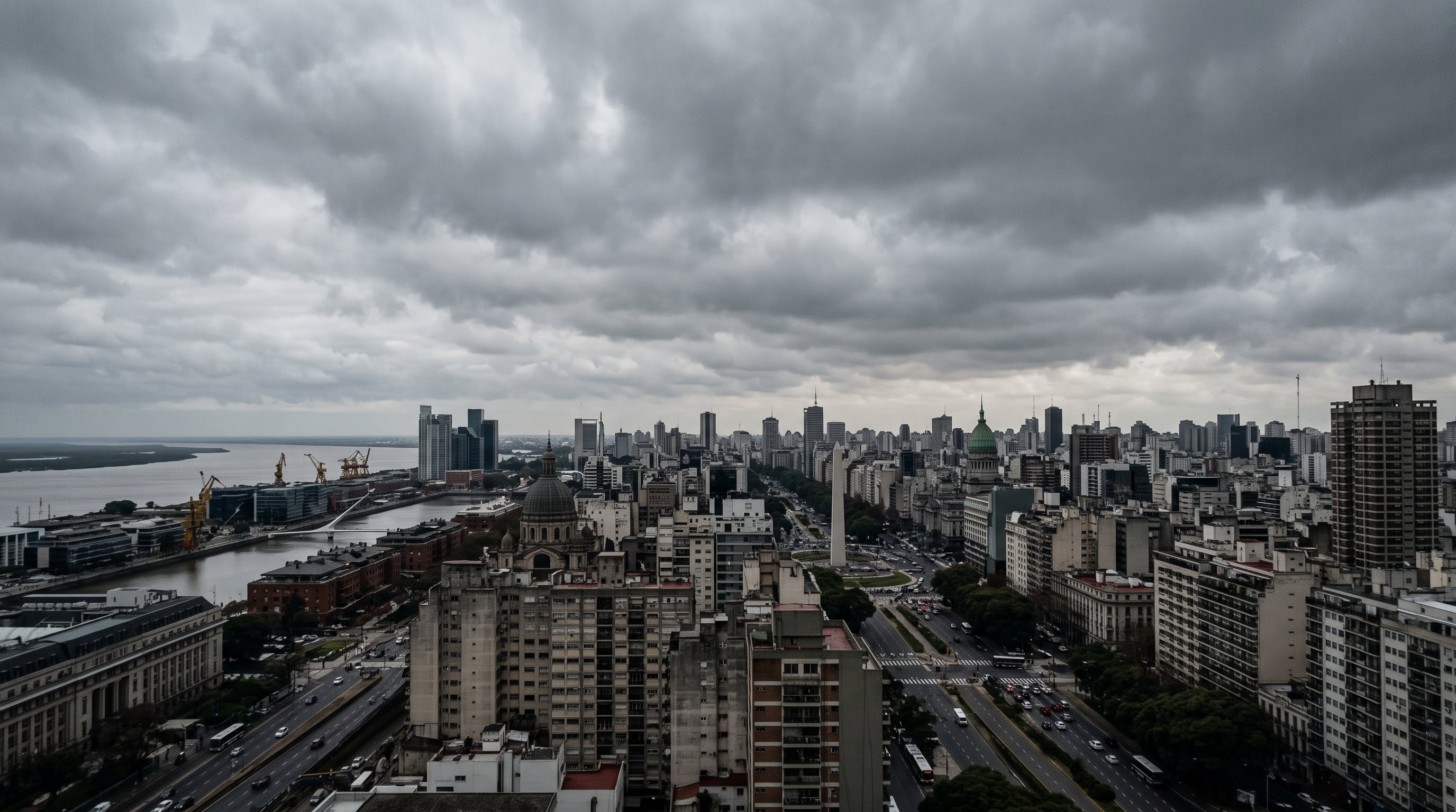 Un cielo cubierto de nubes grises se extiende sobre los edificios y las avenidas principales de la ciudad de Buenos Aires. (Imagen Ilustrativa Infobae)