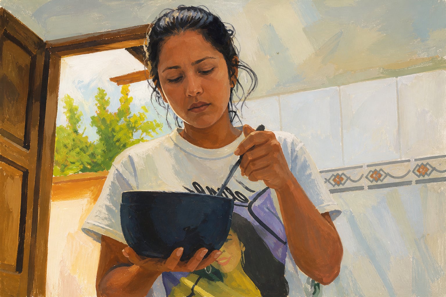 Una pintura realizada en témpera retrata a una mujer joven observando el tazón que sostiene con sus manos en un espacio interior. (Imagen Ilustrativa Infobae)