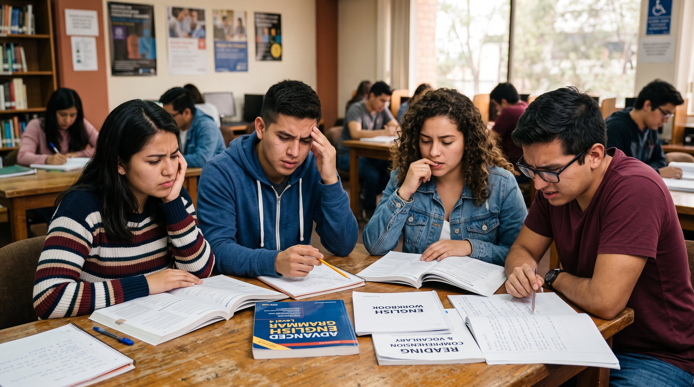 Cuatro estudiantes jóvenes leen y toman notas en libros de texto de nivel avanzado de inglés dentro de una biblioteca. (Imagen Ilustrativa Infobae)