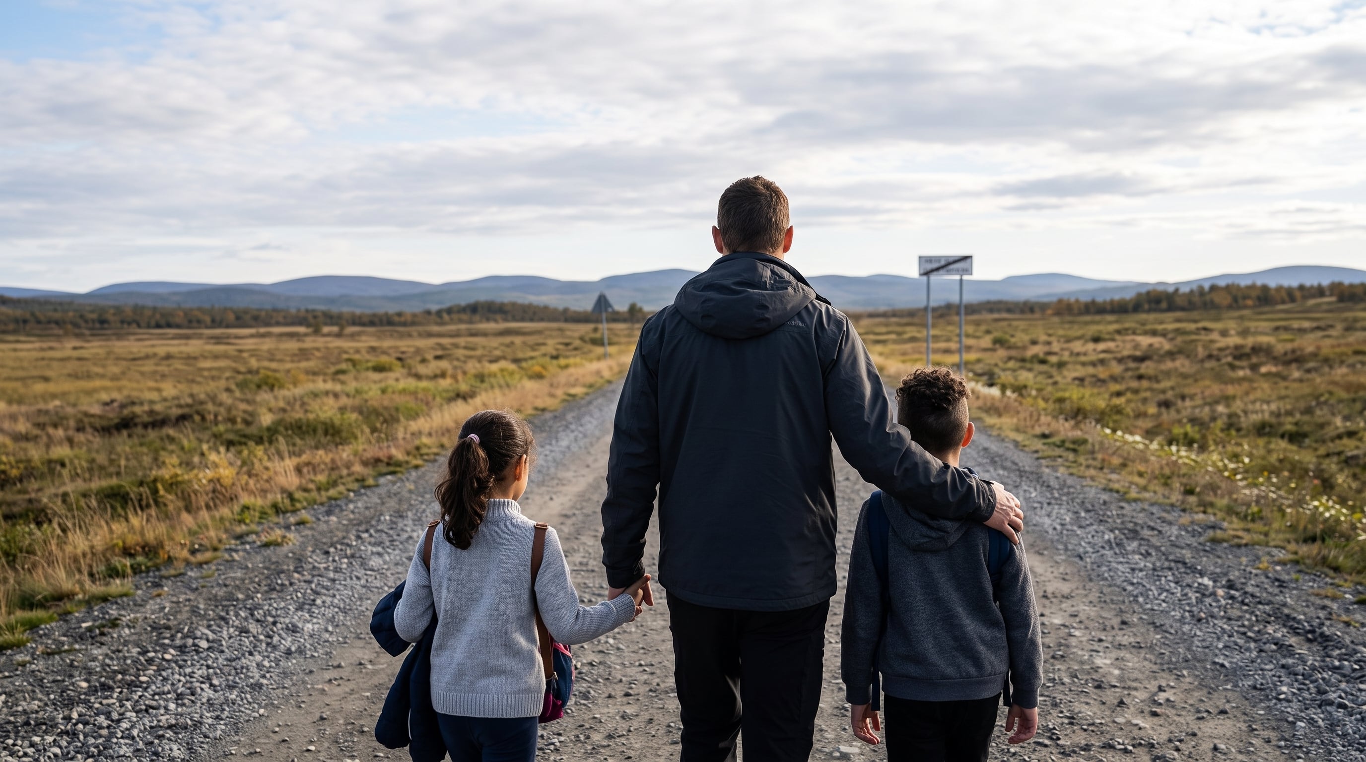 Un hombre camina junto a dos niños por un camino de tierra situado en la zona fronteriza entre las provincias de Alberta y Saskatchewan, en Canadá. (Imagen Ilustrativa Infobae)