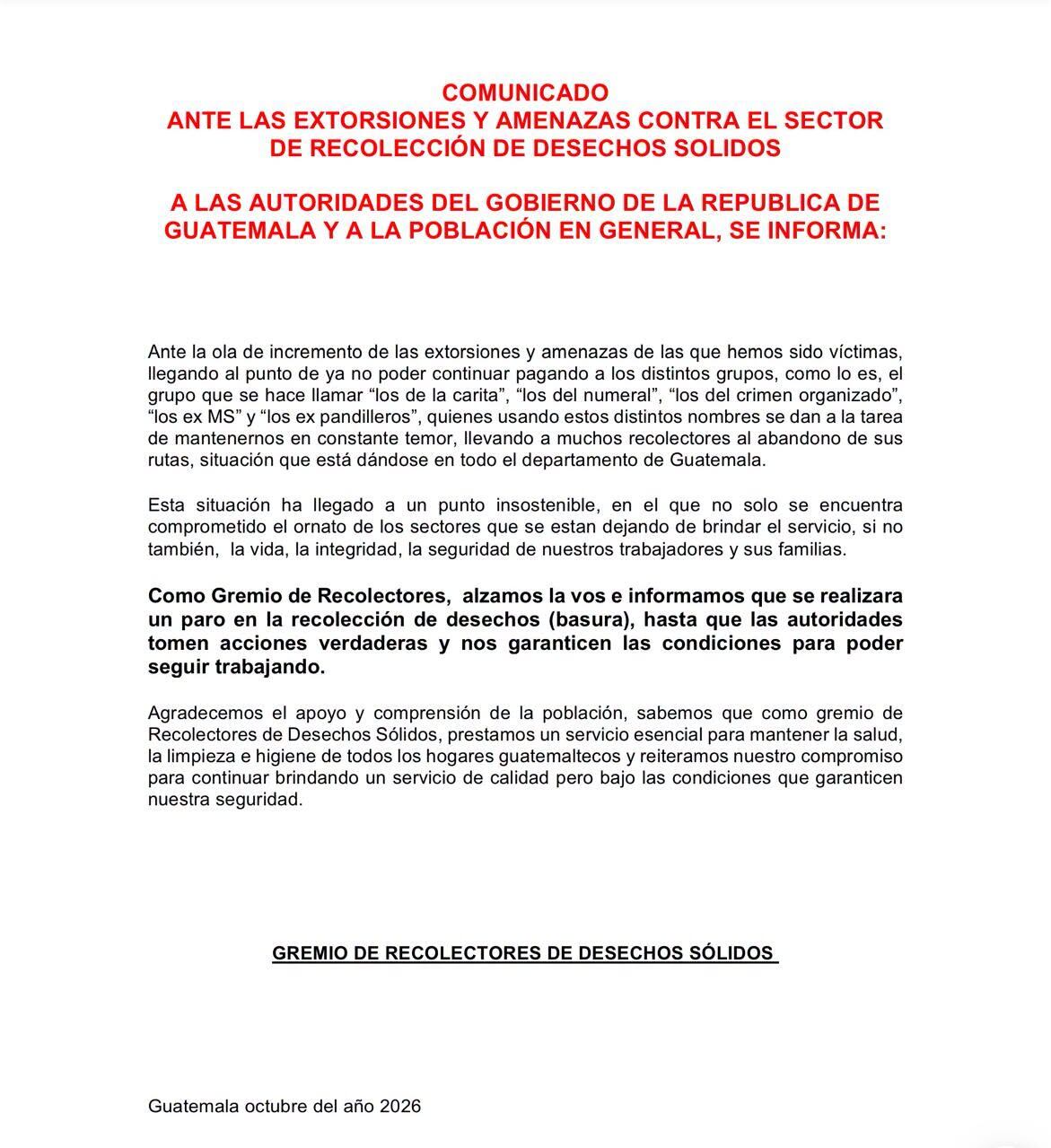 El Gremio de Recolectores de Desechos Sólidos anunció la suspensión del servicio de basura en el departamento de Guatemala ante extorsiones y ataques armados. (Redes Sociales)