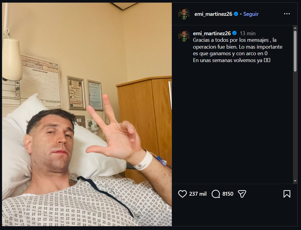 El posteo del Dibu Martínez luego de su operación (@emi_martinez26)