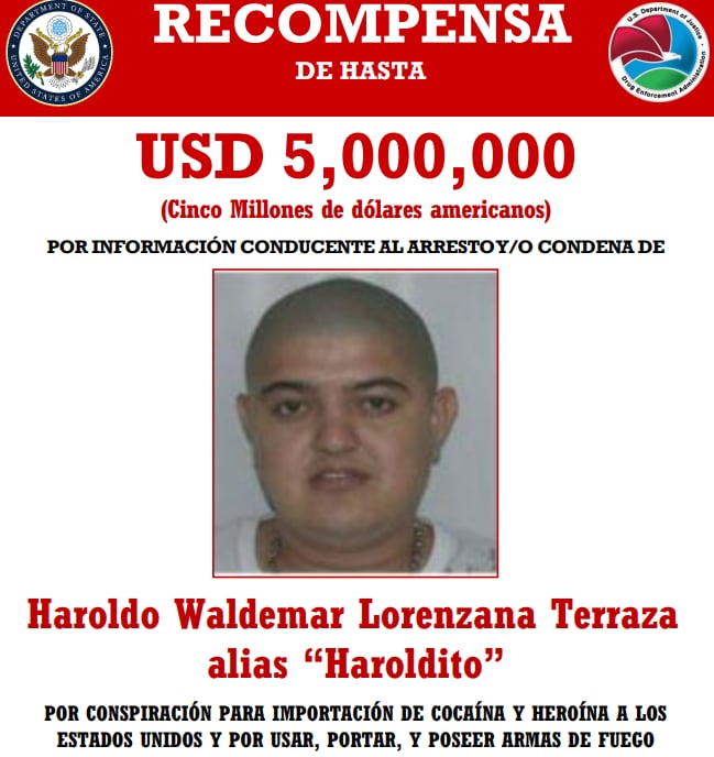 EE.UU. mantiene una recompensa de hasta cinco millones de dólares por la captura de Haroldo Waldemar Lorenzana Terraza. (Cortesía:Departamento de Estado de los Estados Unidos)