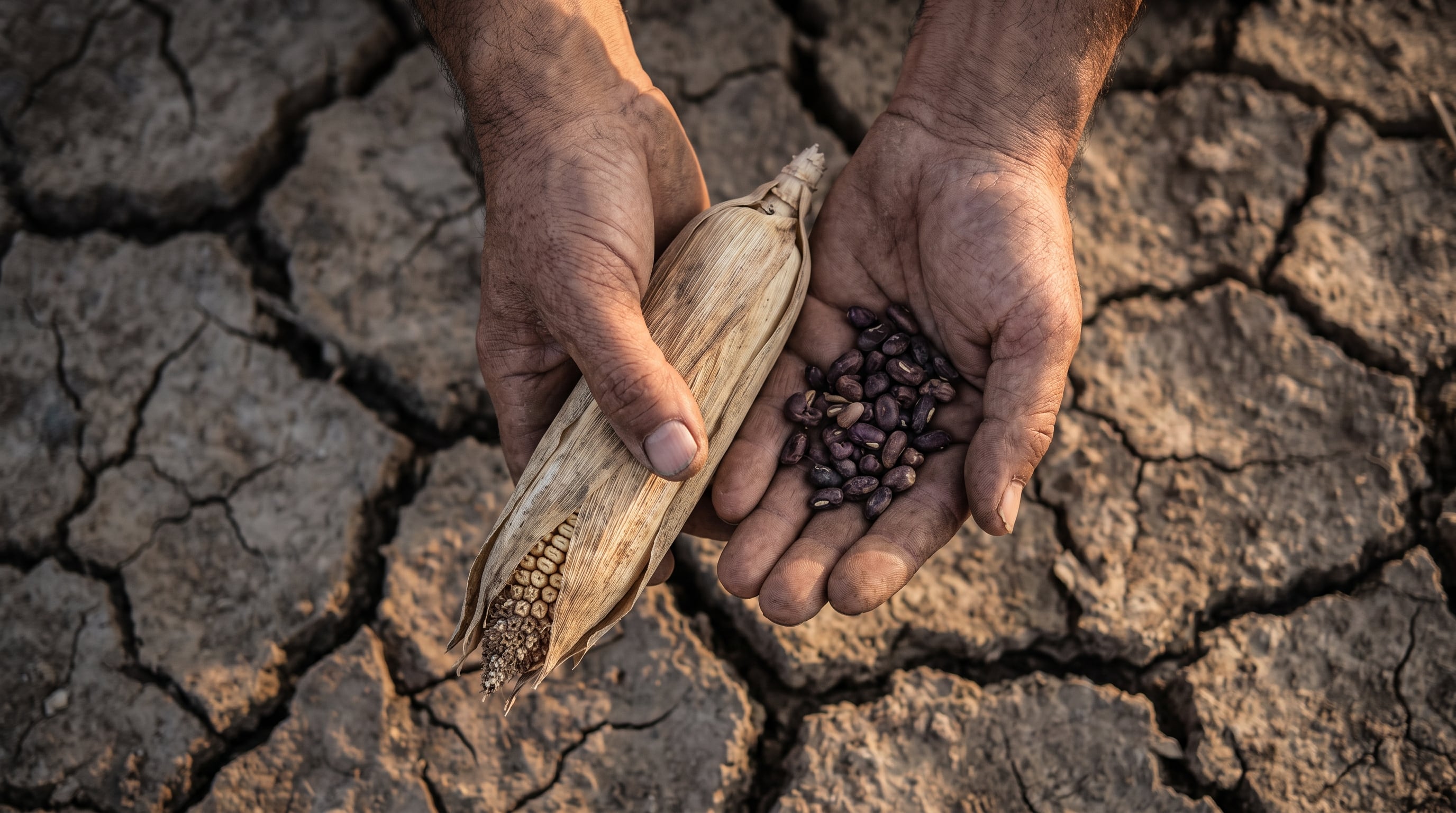 Un agricultor sostiene una mazorca seca y frijoles sobre la tierra agrietada por la falta de precipitaciones. (Imagen Ilustrativa Infobae)