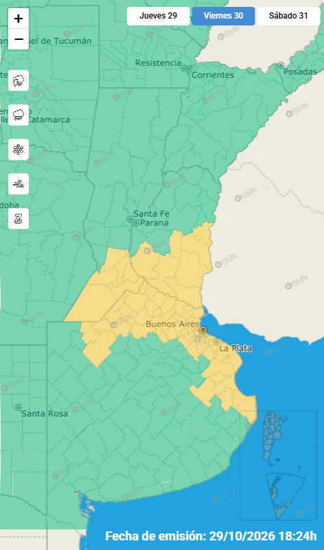 La alerta amarilla rige para la Ciudad de Buenos Aires y el conurbano, zonas donde miles de hinchas se movilizarán ese día