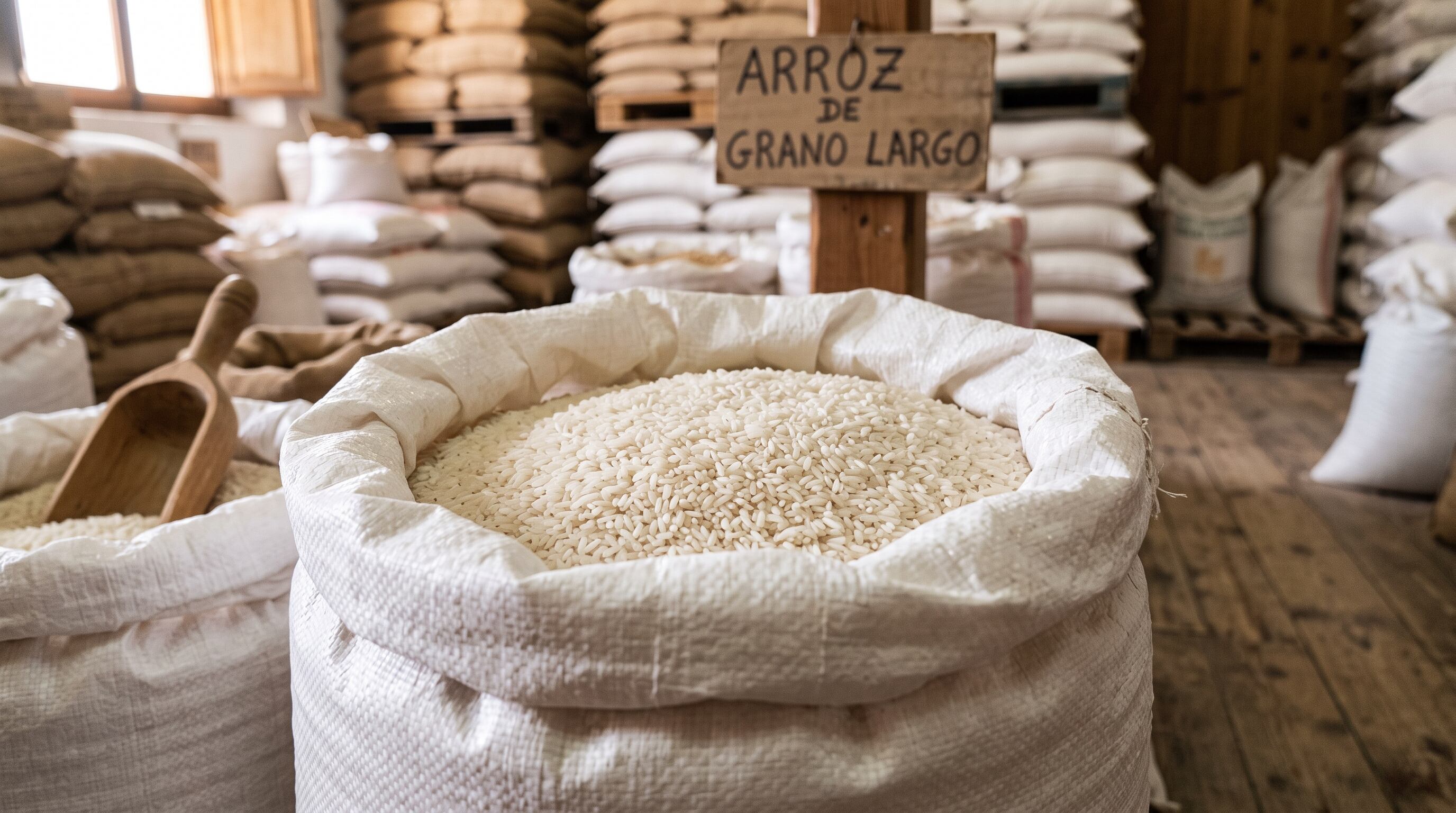 Un saco abierto expone arroz de grano largo en el interior de un almacén rodeado por otros sacos apilados. (Imagen Ilustrativa Infobae)