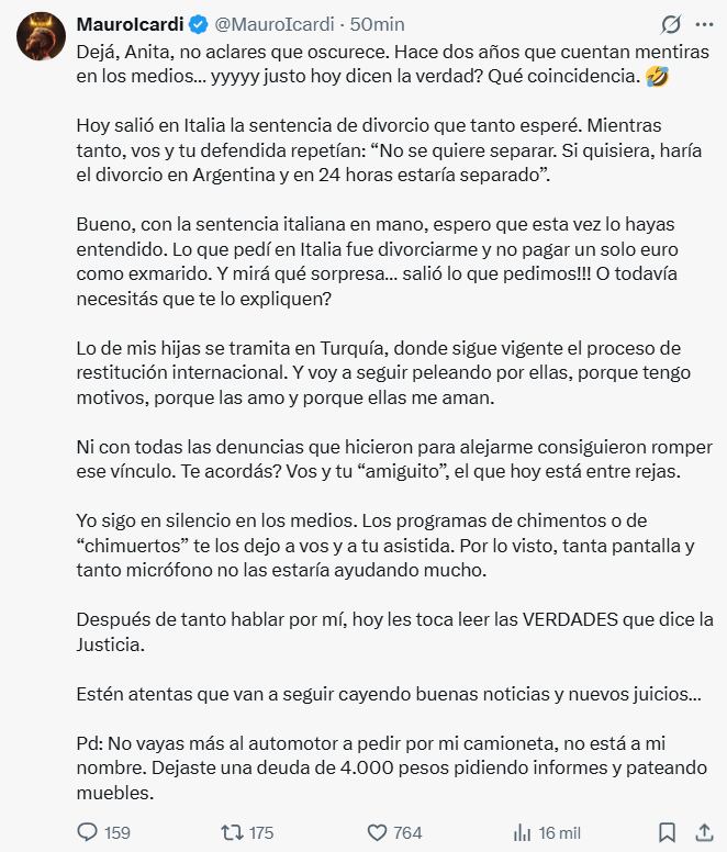 El futbolista afirmó en sus redes sociales que el fallo judicial confirmó su pedido de no abonar una pensión tras la separación