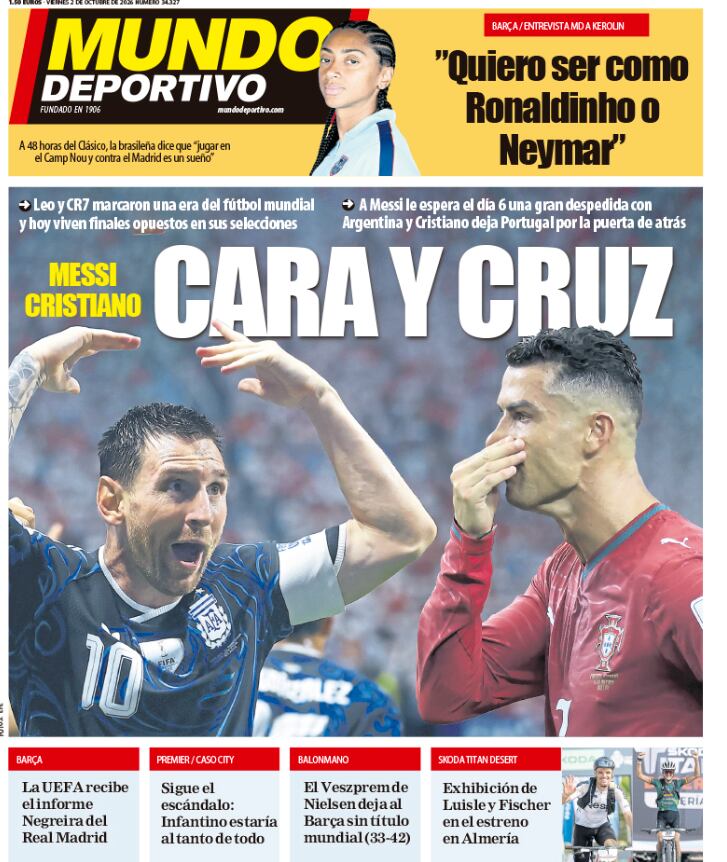 La tapa del periódico Mundo Deportivo analiza la actualidad de Lionel Messi y Cristiano Ronaldo en sus selecciones nacionales