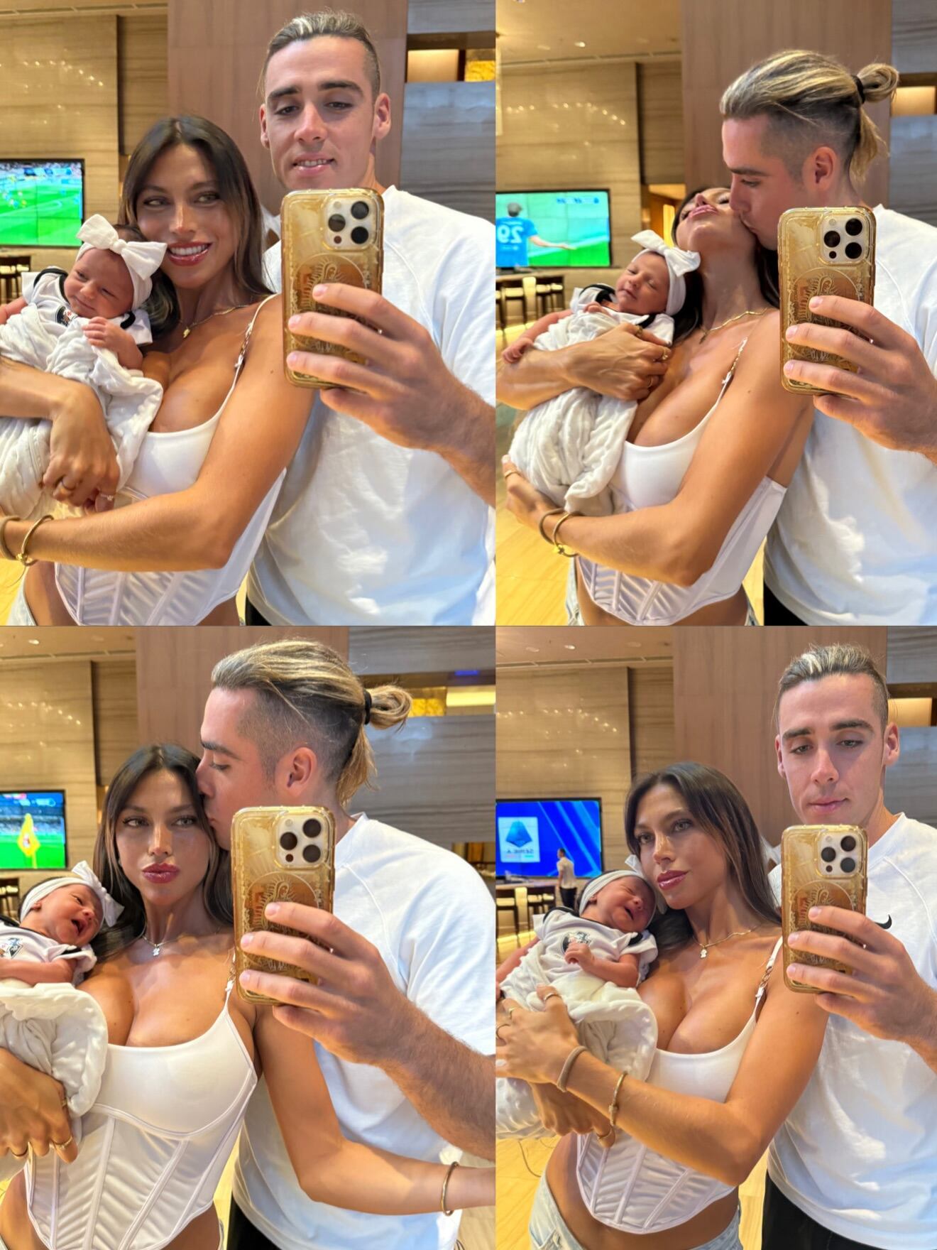 El futbolista Claudio Spinelli y su pareja Cielo López posan frente a un espejo mientras sostienen a su bebé recién nacida.