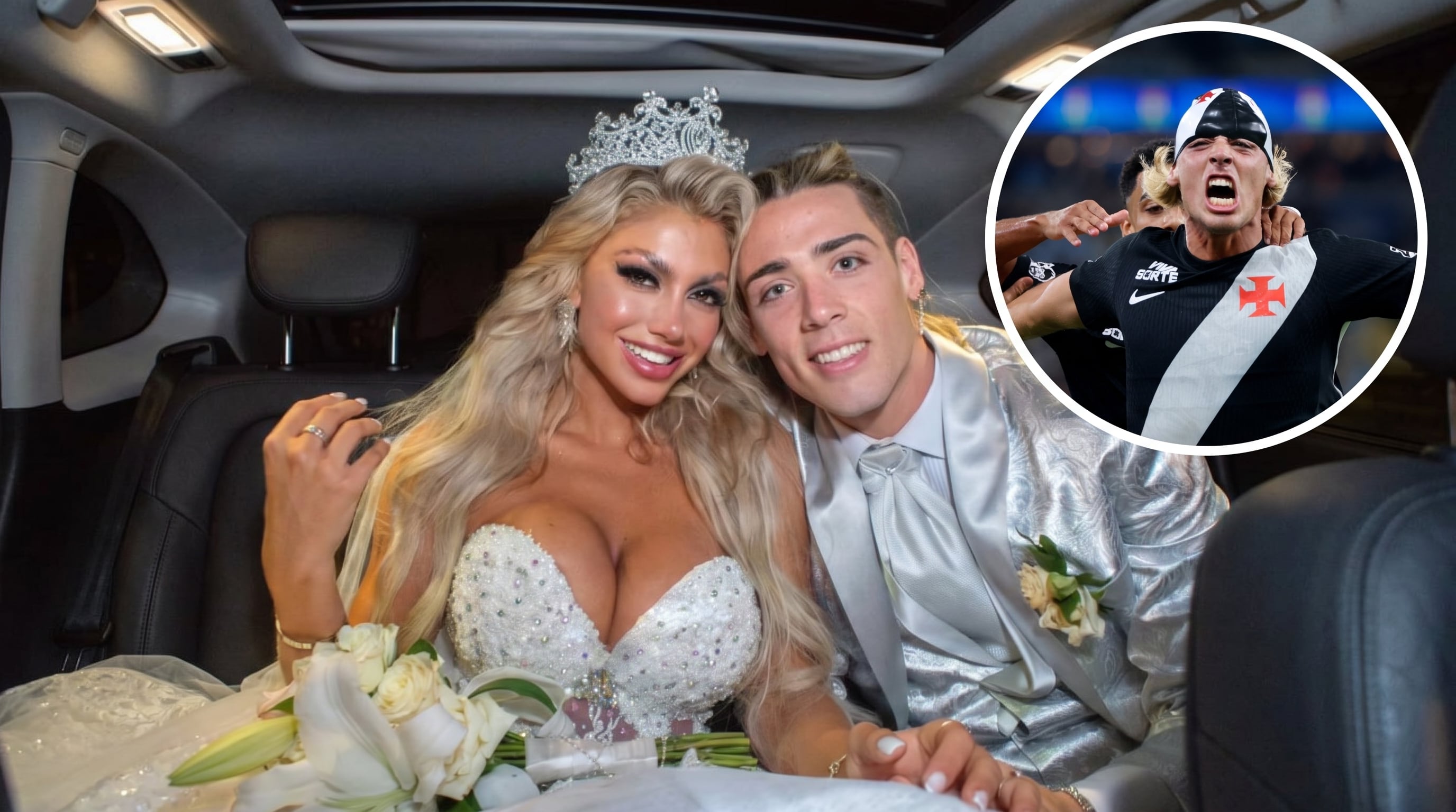 Un futbolista del Vaco Da Gama, rival de Boca en las semifinales de la Sudamericana, sonríe junto a su pareja en el asiento trasero de un vehículo tras la celebración de su boda (Instagram)