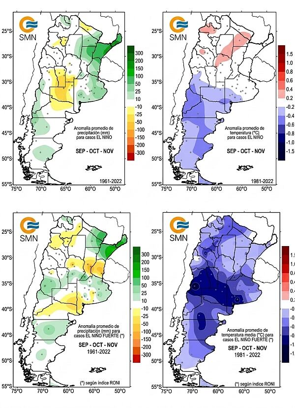Mapas del Servicio Meteorológico Nacional detallan las anomalías de precipitación y temperatura registradas en Argentina hasta noviembre por el fenómeno El Niño. (smn)