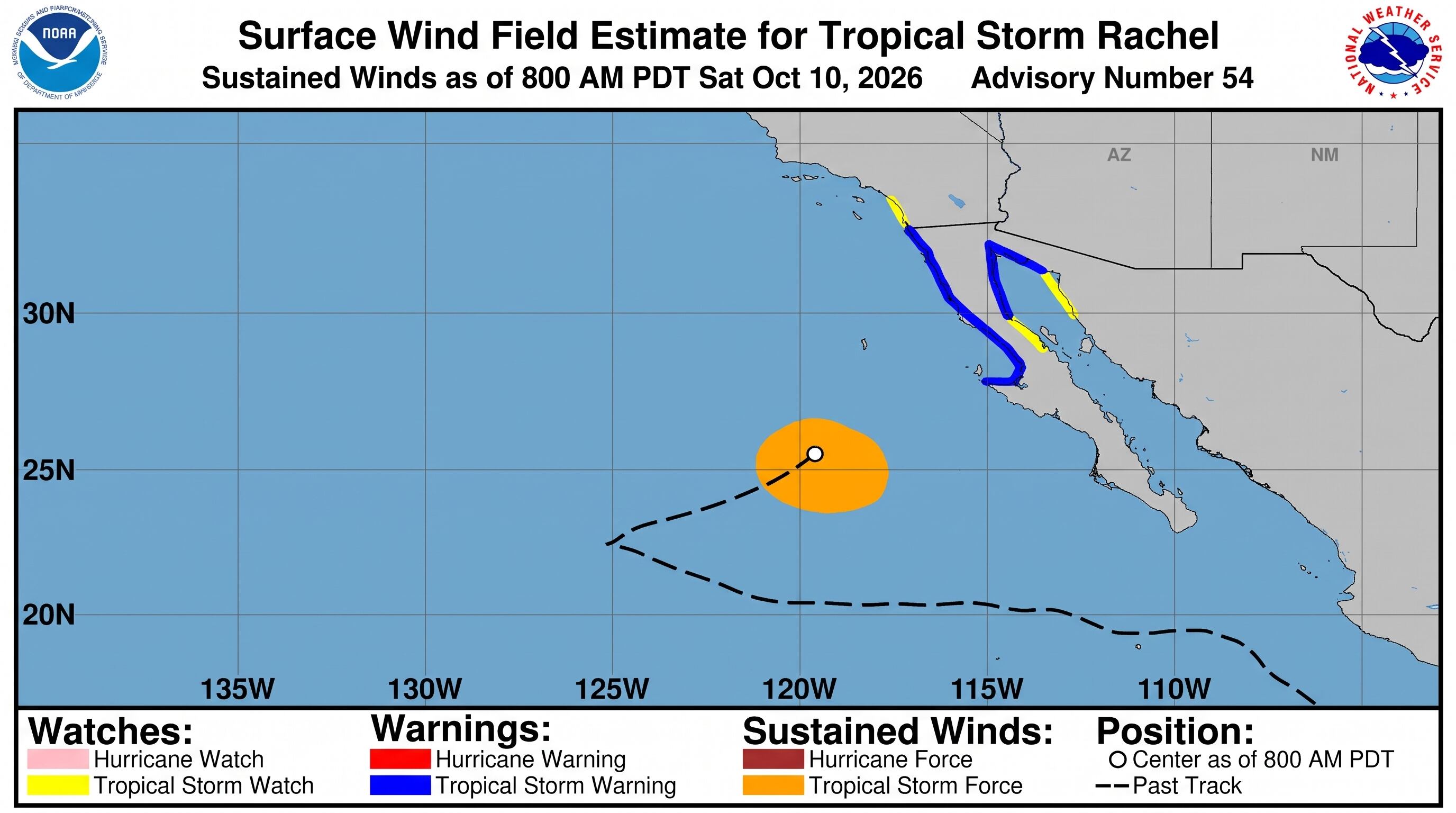 La advertencia por el paso de Rachel rige en la costa occidental de Baja California desde San José de Las Palomas hasta la frontera con Estados Unidos. (NHC)