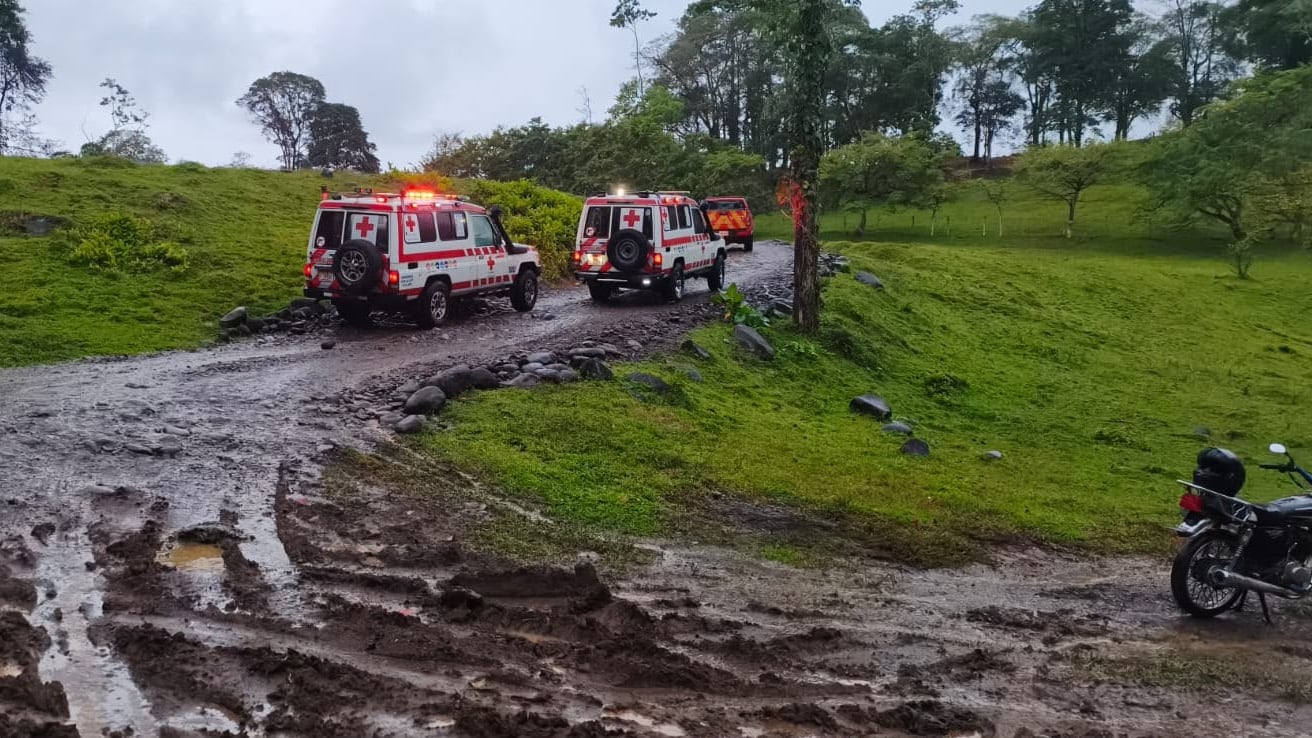 La Cruz Roja Costarricense confirmó que dos adultos y un menor permanecían en la copa de un árbol, tras movilizar tres unidades y un vehículo de primera intervención hacia Santa Isabel (Foto cortesía CRC)