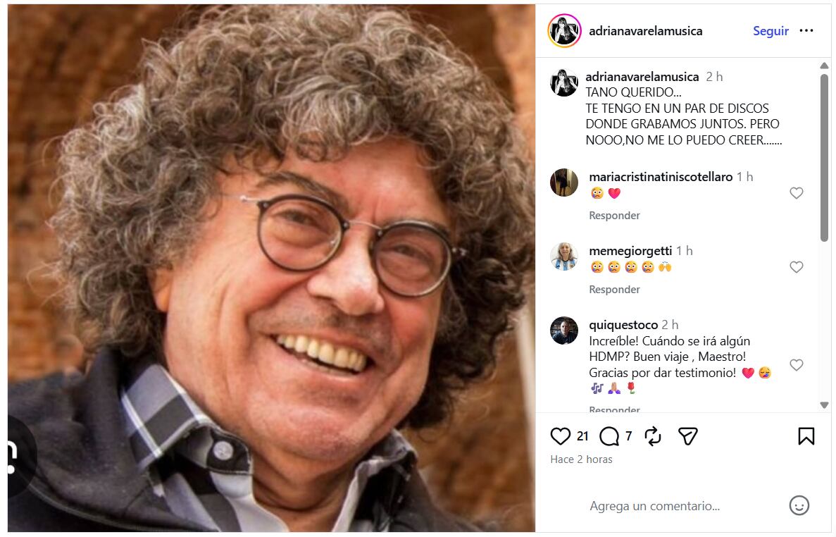 Adriana Varela compartió una fotografía del músico sonriente en sus redes sociales y reconoció la experiencia personal de haber grabado junto al autor de 