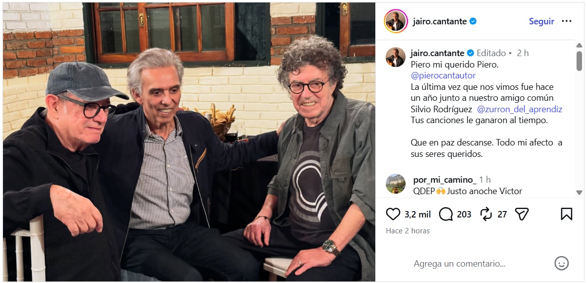 El cantante Jairo recordó su última reunión con el artista junto a Silvio Rodríguez en su mensaje de tributo