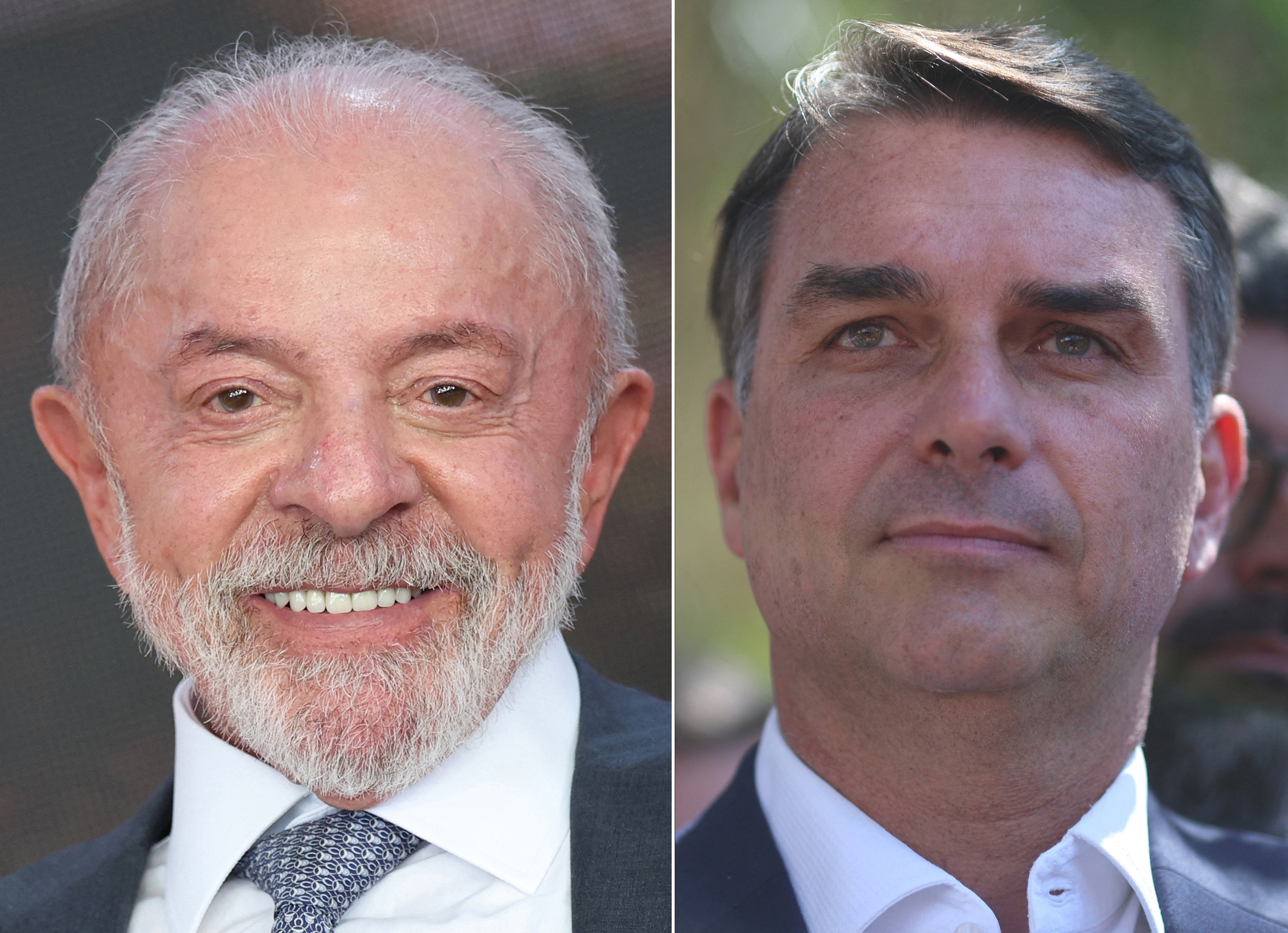 El presidente brasileño Luiz Inácio Lula da Silva, candidato del Partido de los Trabajadores (PT) a la reelección presidencial,; y el senador brasileño Flavio Bolsonaro, del Partido Liberal (PL (REUTERS/Adriano Machado)